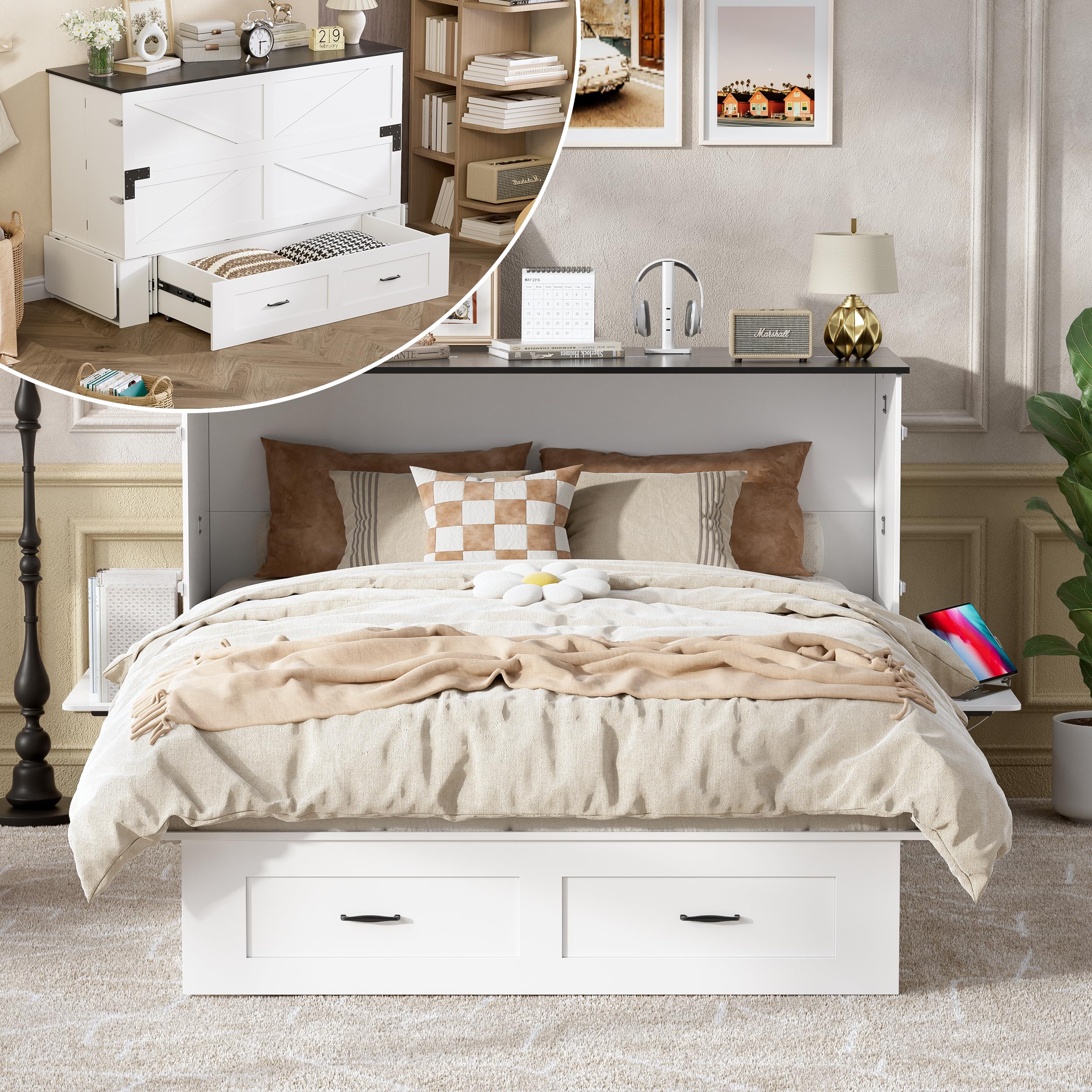 Queen Murphy Bed - Murphy Cabinet with Storage & Charging Station