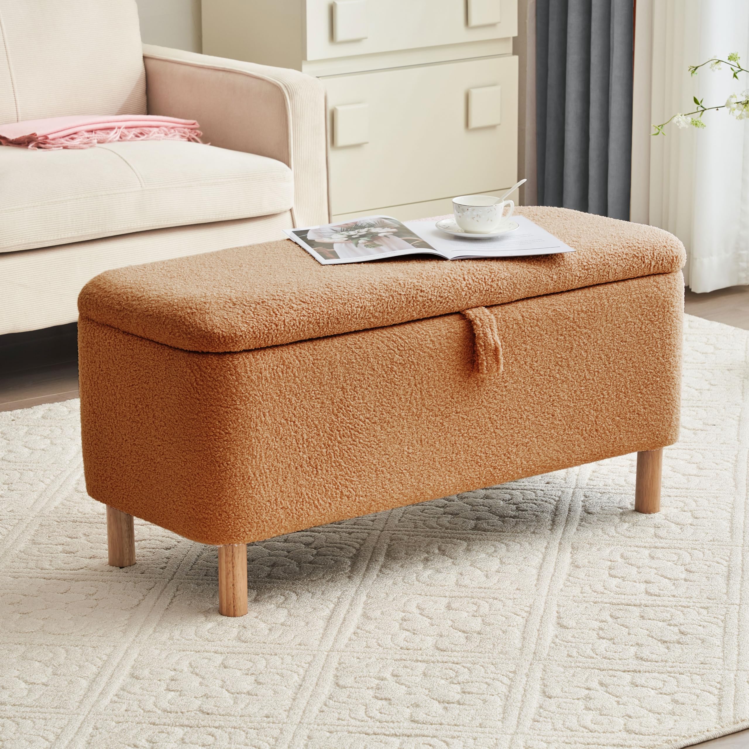 Ottoman Bench for Bedroom End of Bed, Boucle Upholstered Padded