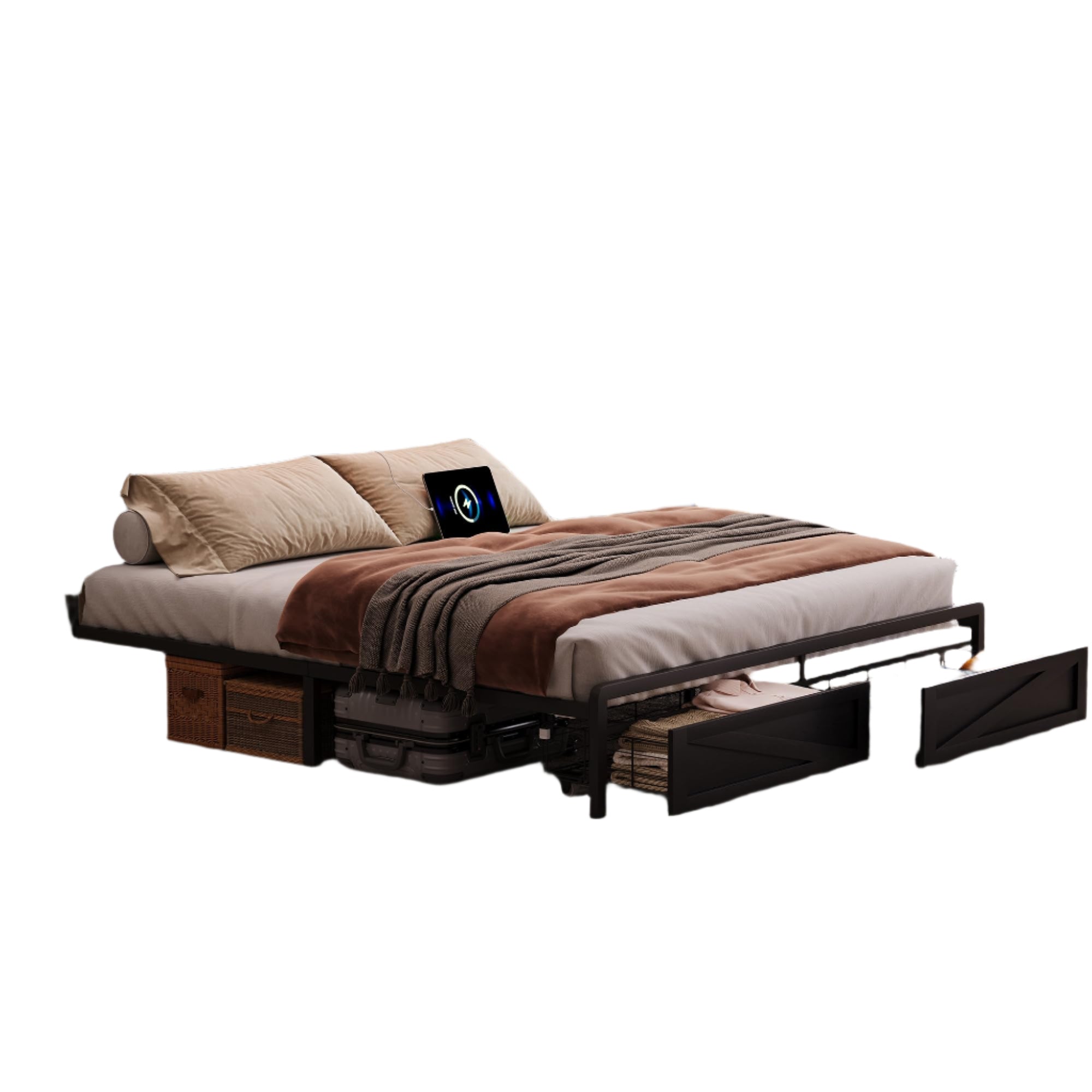 Farmhouse King Size Bed Frame and Headboard with Storage Drawers & LED
