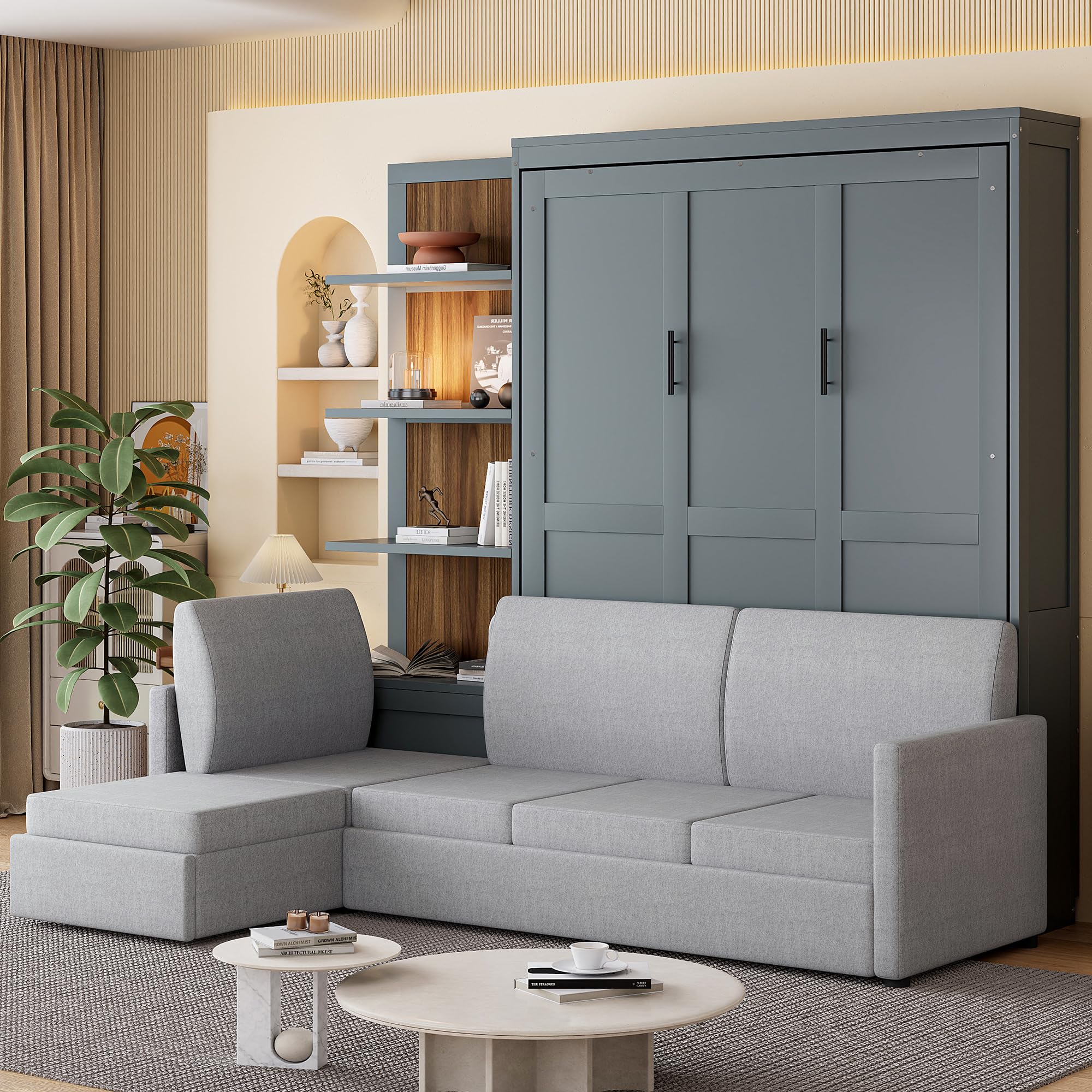 Designs Queen Size Murphy Bed, Wood Queen Wall Bed with Sofa and Shelves, Gray