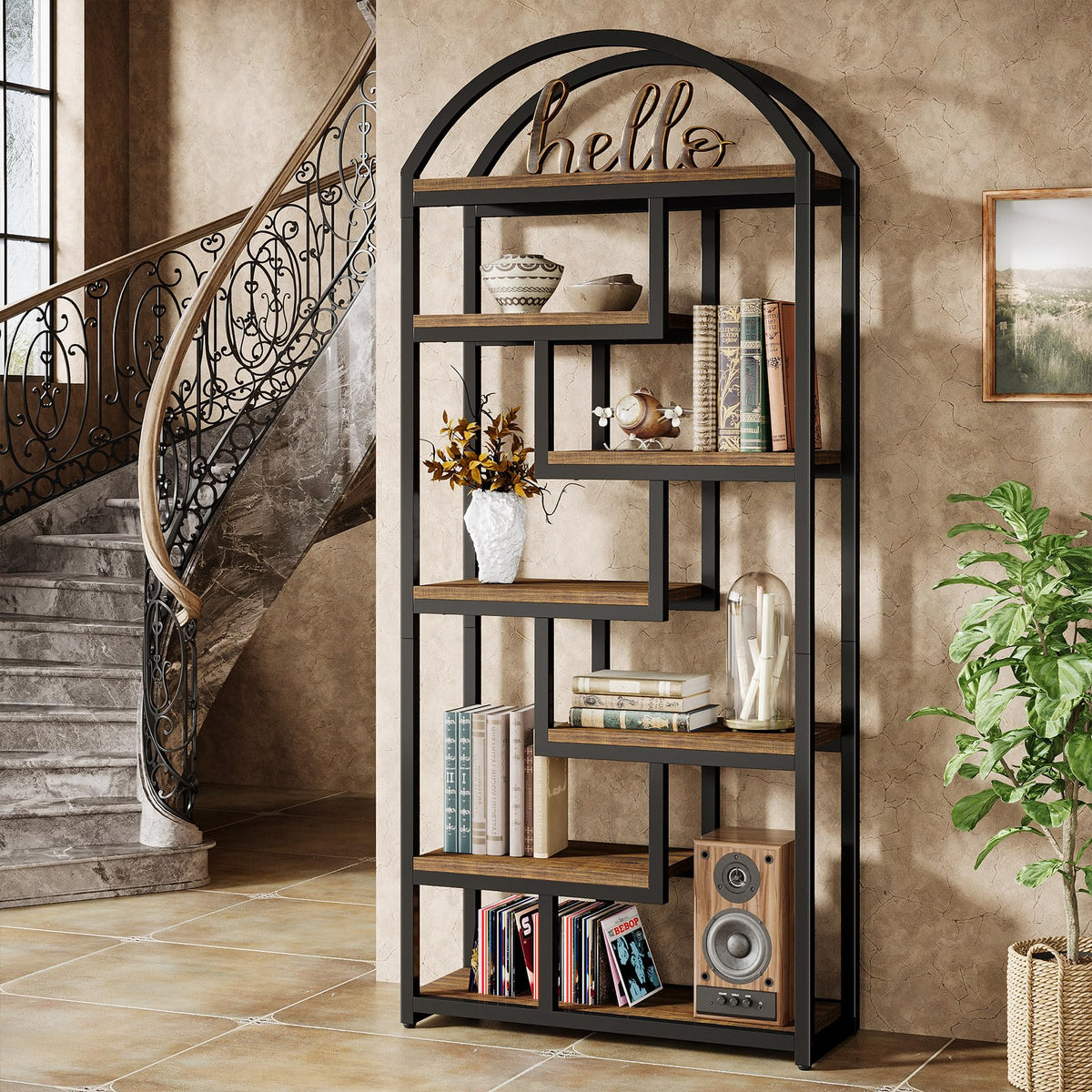 71" Tall Arched Bookshelf with 7 Open Shelves