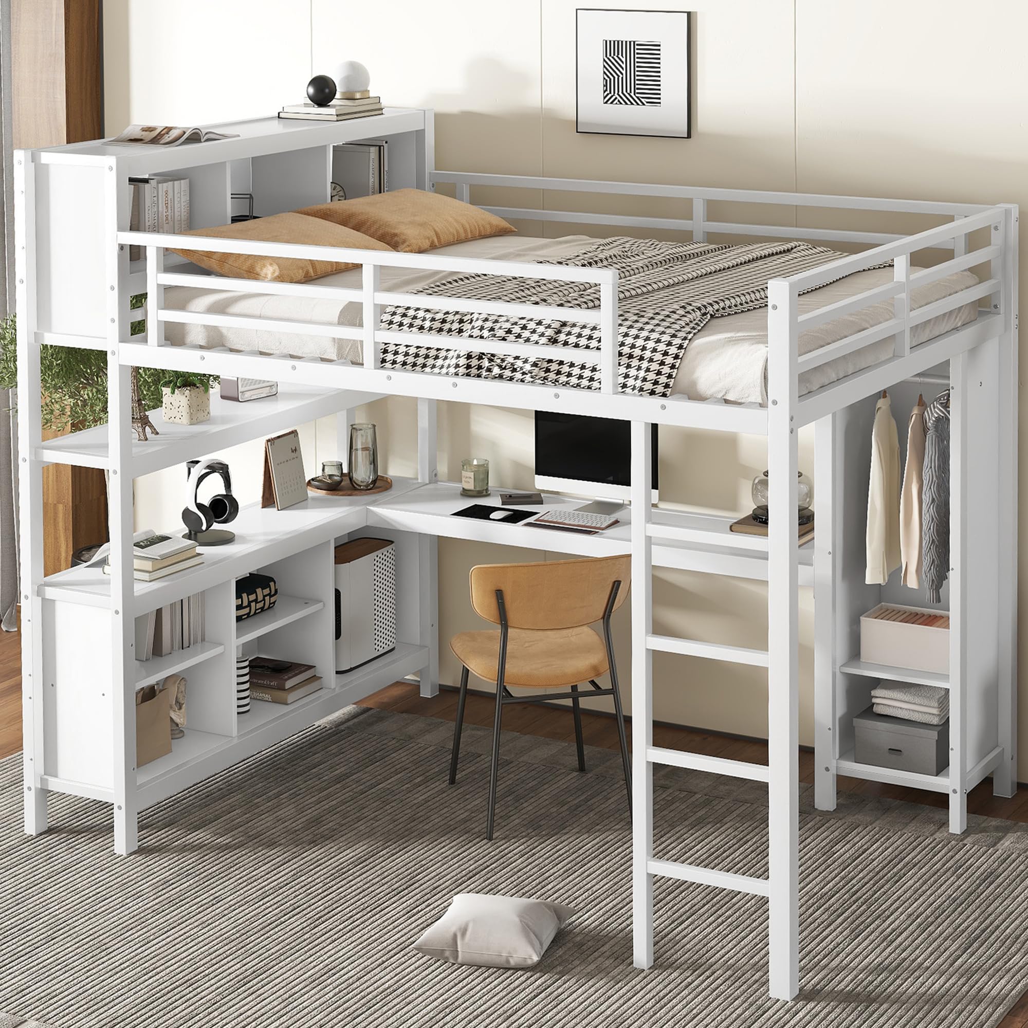 Frame with Wardrobe and Storage Cubes, Queen Size Loft Bed