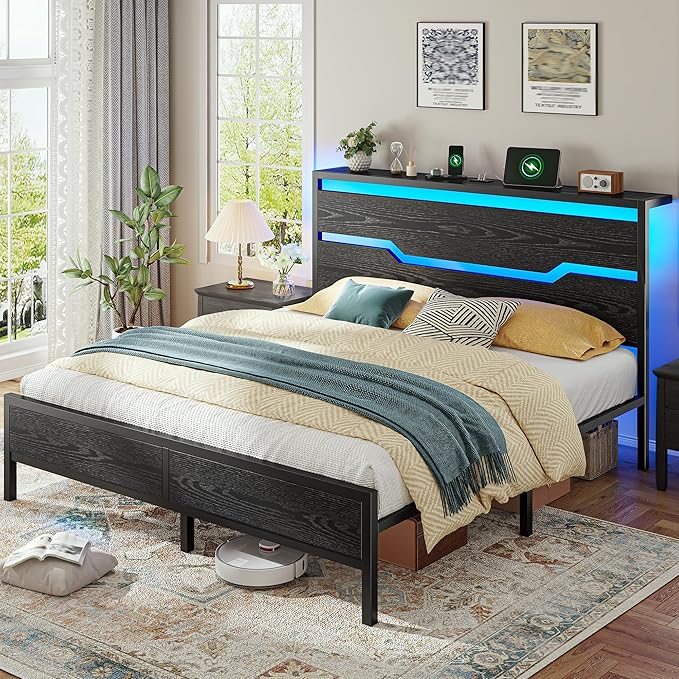 Queen Bed Frame with Headboard,Bed Frame Queen Size with LED Lights & Charging