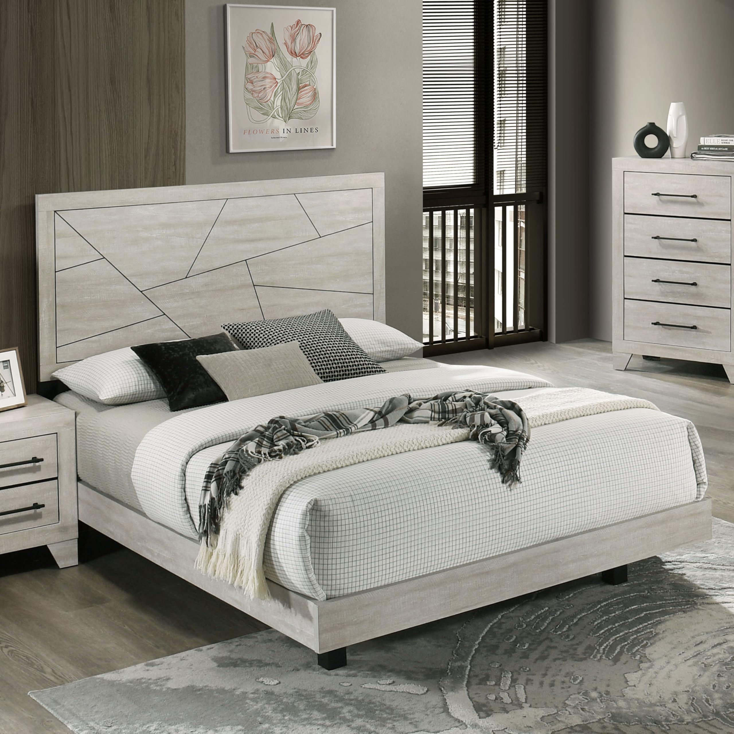 Shenote Modern Contemporary Solid Wood King Panel Bed with Geometric Design