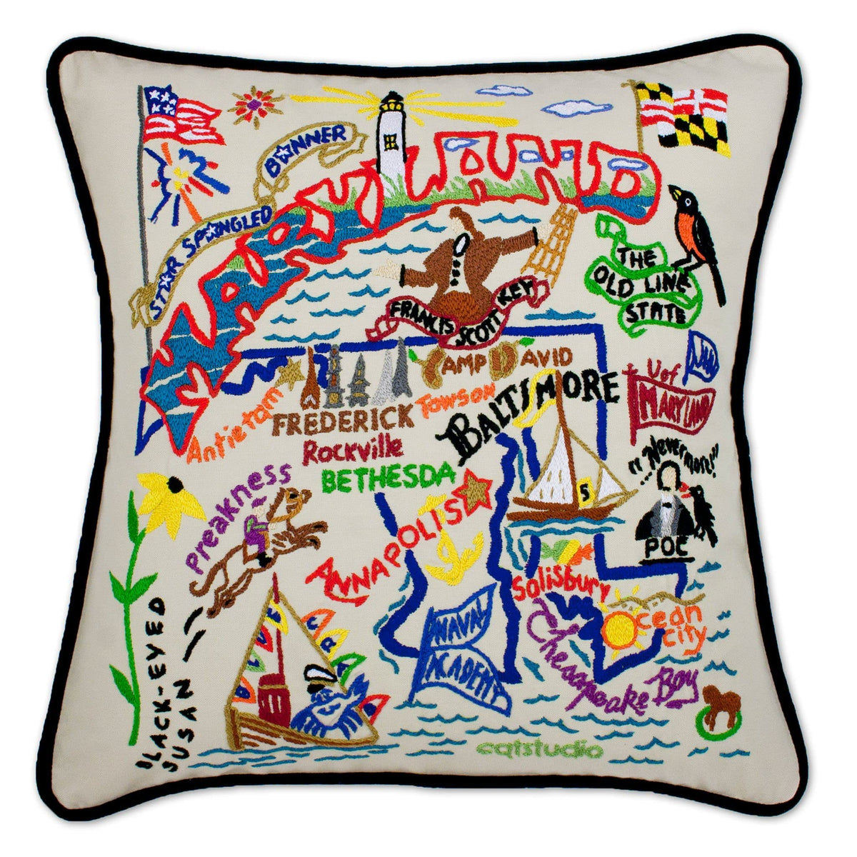 Catstudio Maryland Hand Embroidered Pillow, Decorative Throw Pillow