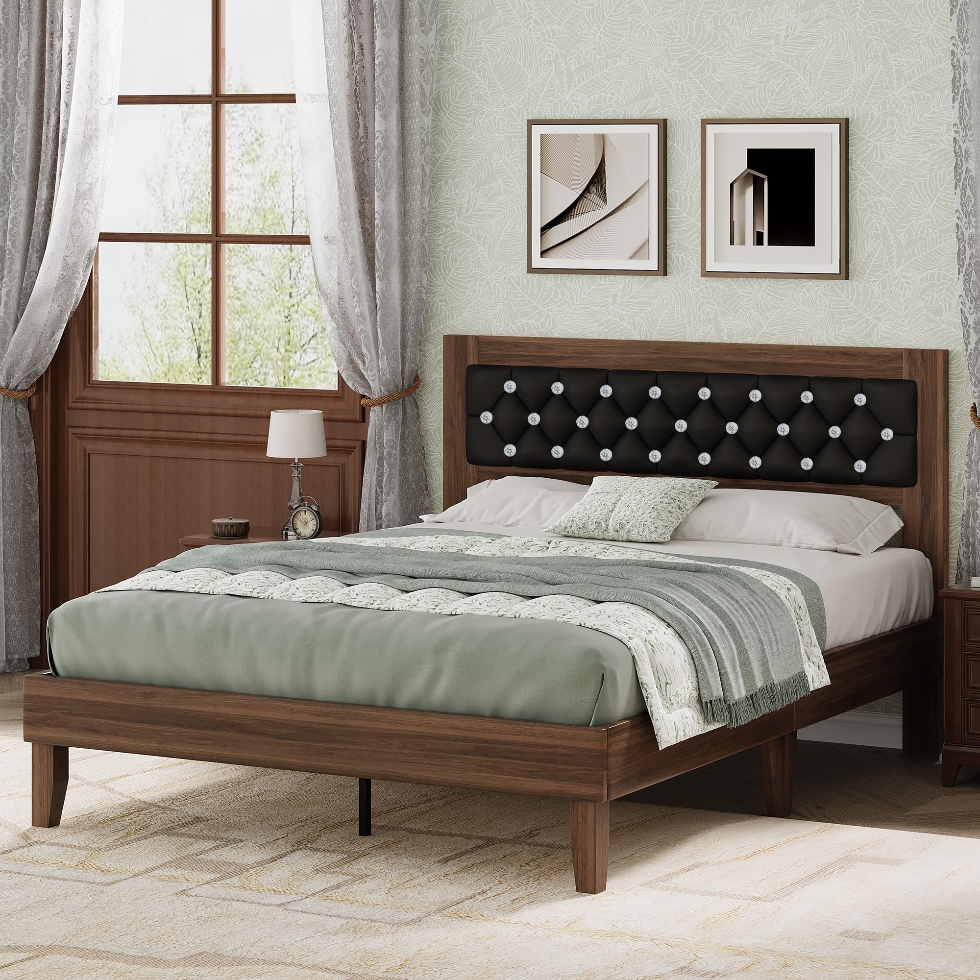 Queen Size Bed Frame, Wooden Platform Bed with Diamond Tufted Headboard
