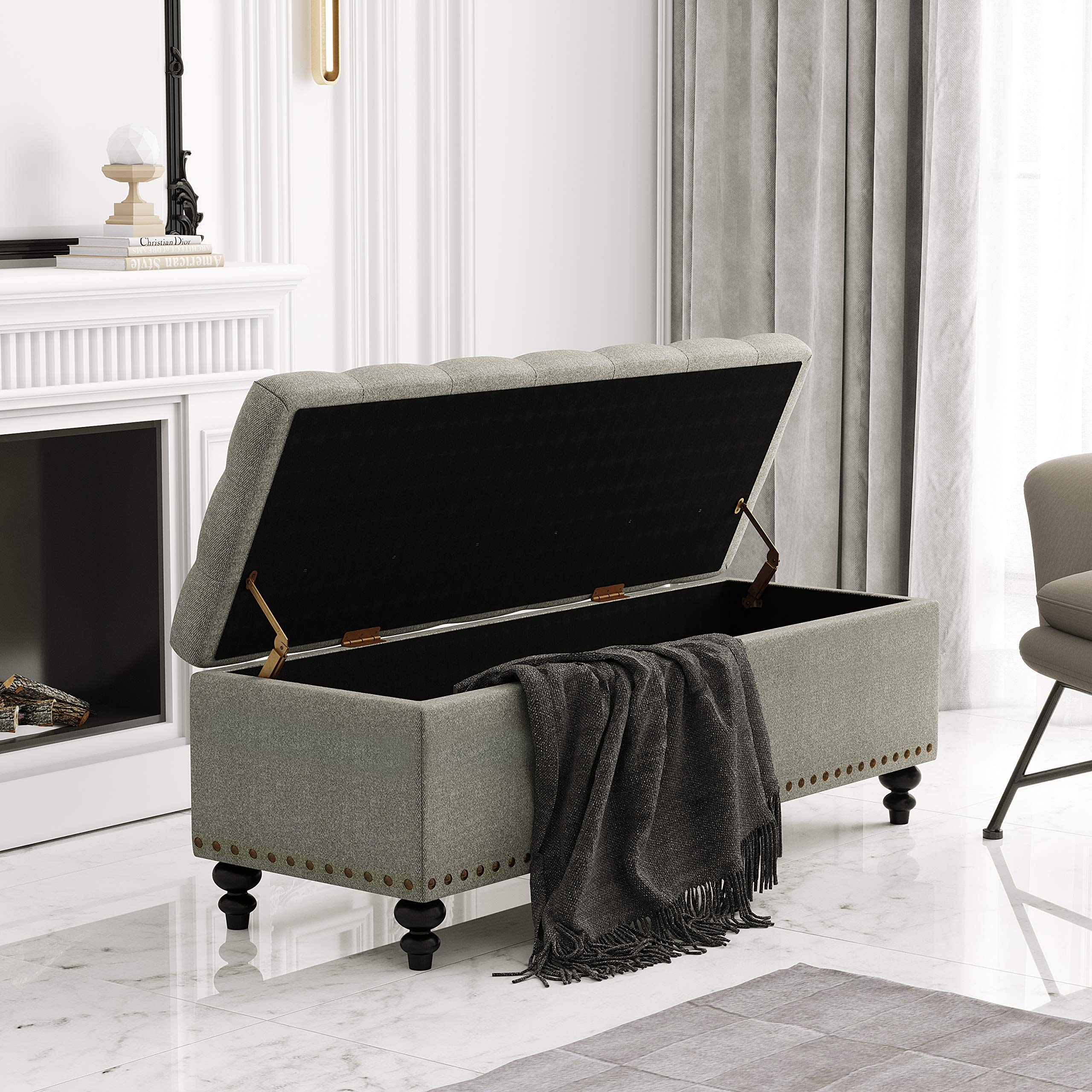 51-inch Button-Tufted Ottoman with Storage, Upholstered Fabric