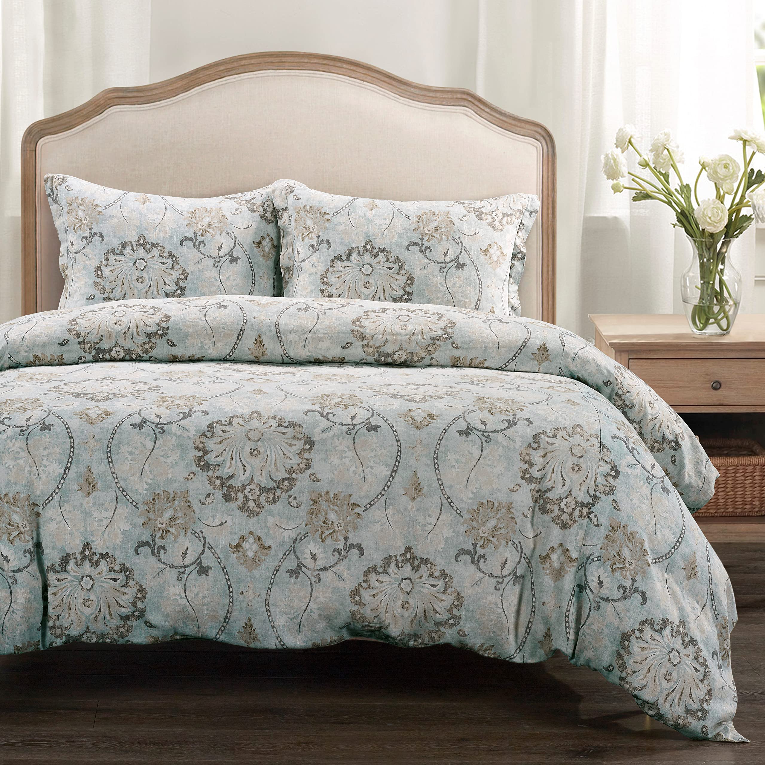 Dalia 3 Piece Linen Comforter Set, Queen Size, Light Blue Floral Bedding Set