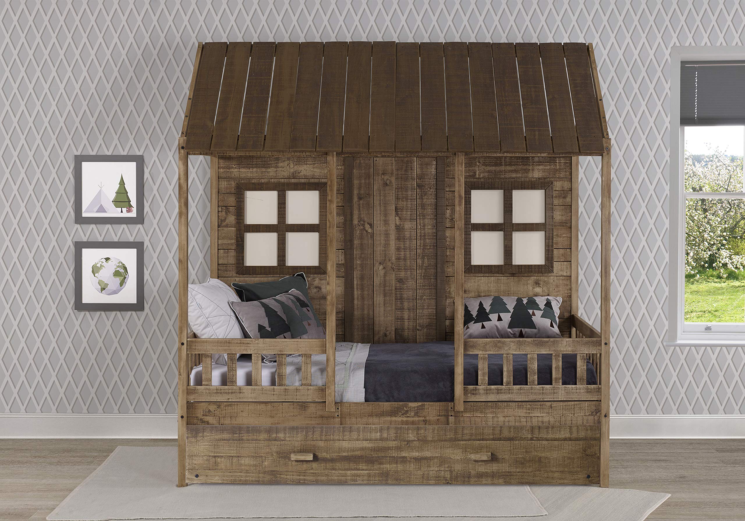 Twin Front Porch Low Loft w/Twin Trundle Bed, Rustic Driftwood
