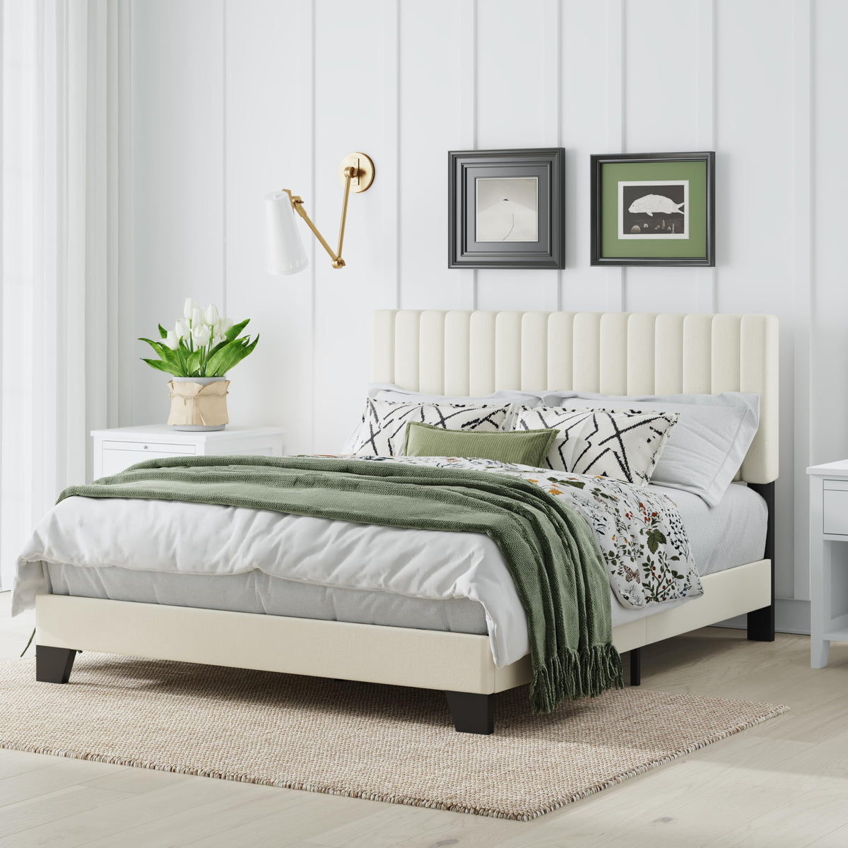 Queen Upholstered Platform Bed with Adjustable Tufted Headboard