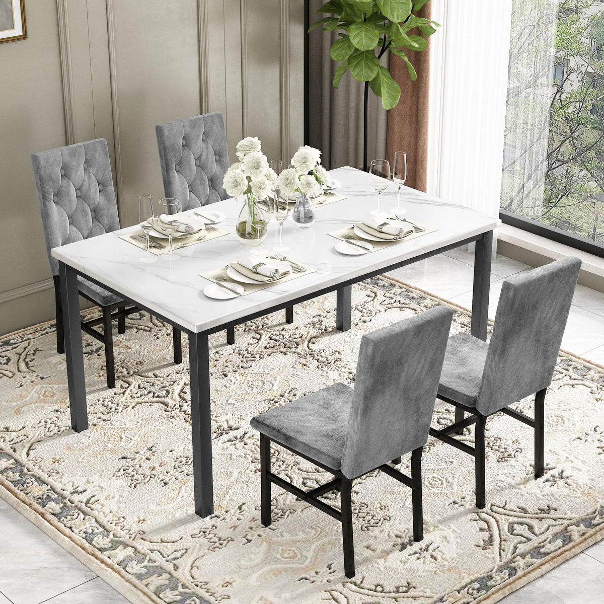 5-Piece Dining Table Set with Faux Marble Top & Tufted Chairs