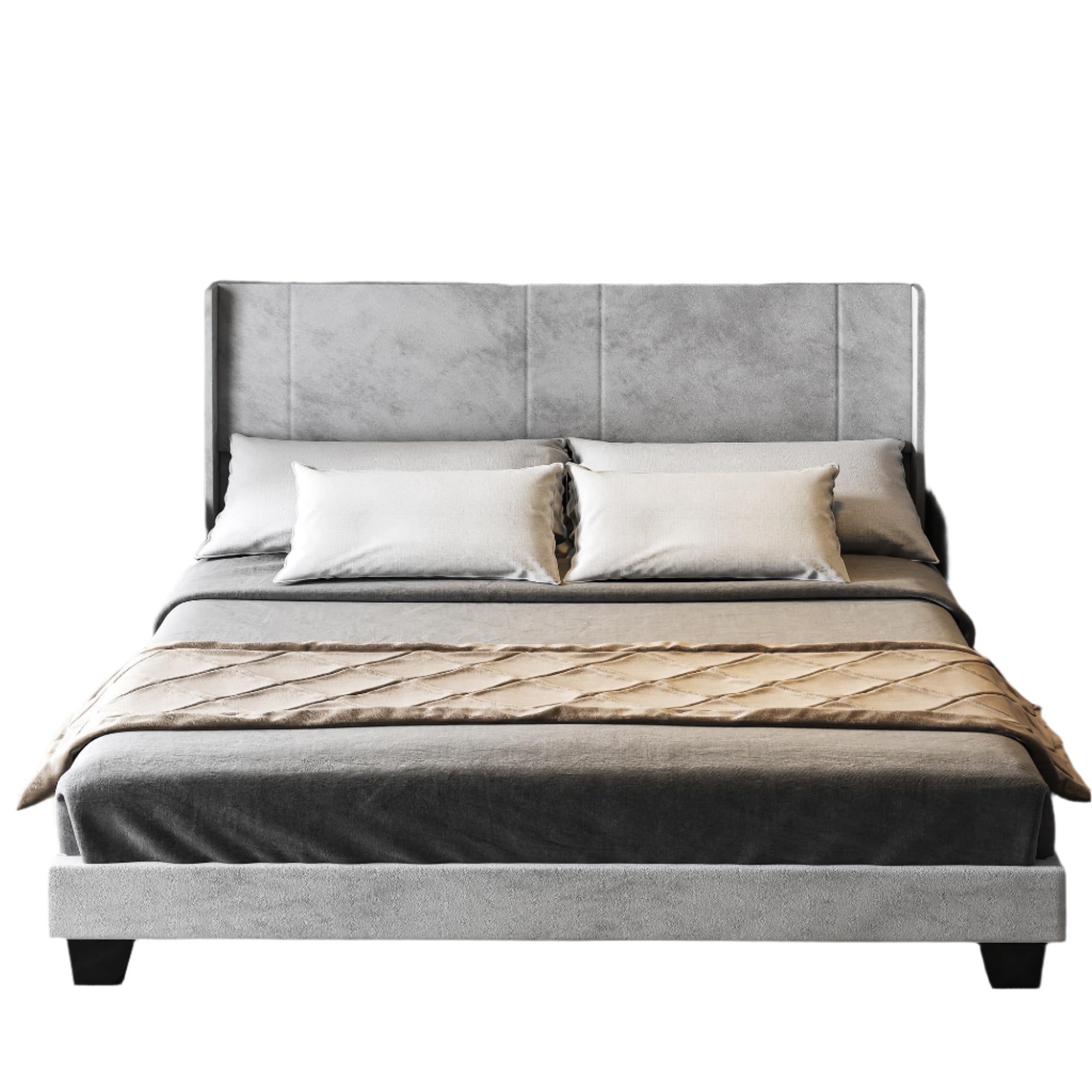 Queen Size Bed Frame, Upholstered Bed Frame with Grey Velvet Headboard