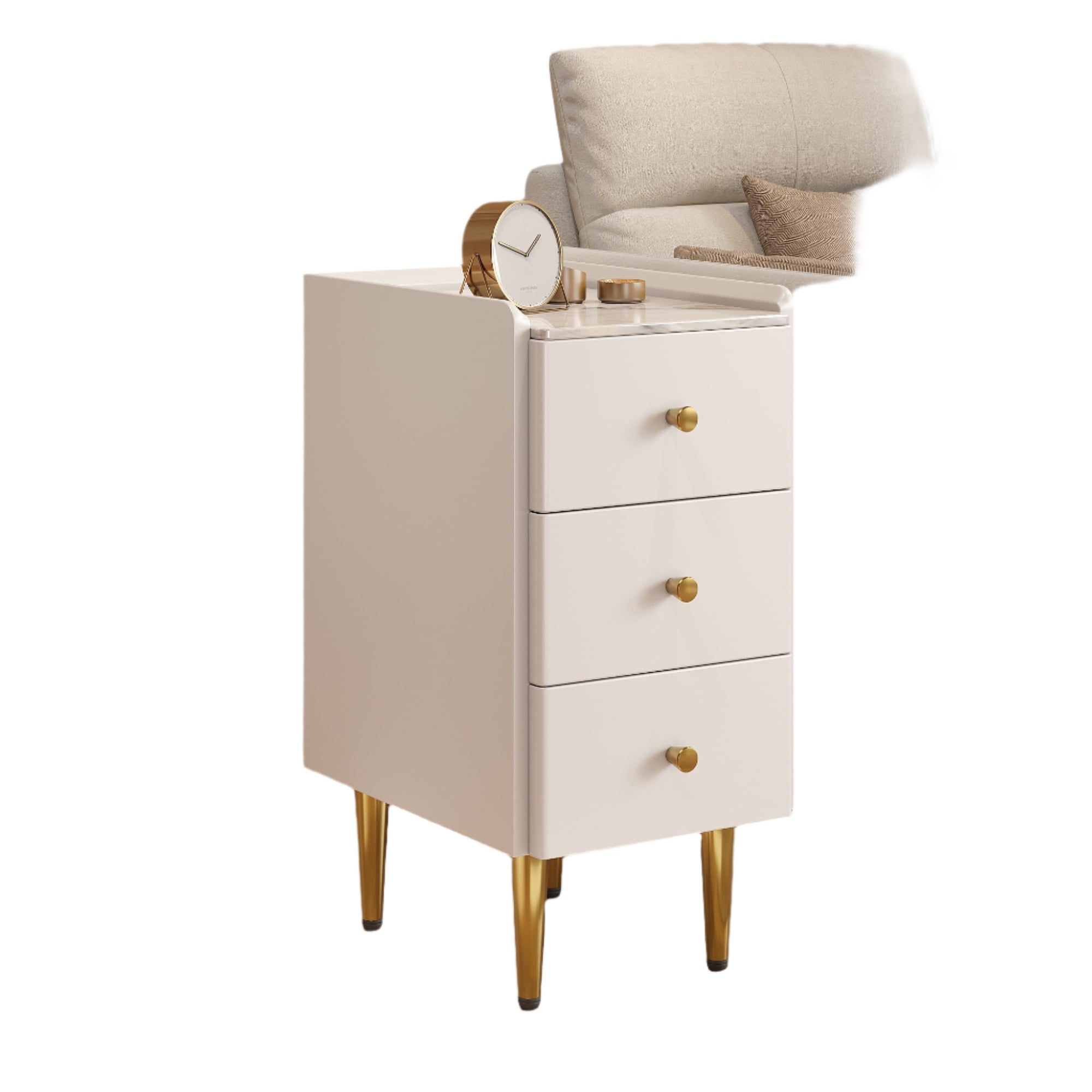 Narrow Nightstand 11.8" with 3 Drawer Wood Bedside Table Small White and Gold Night