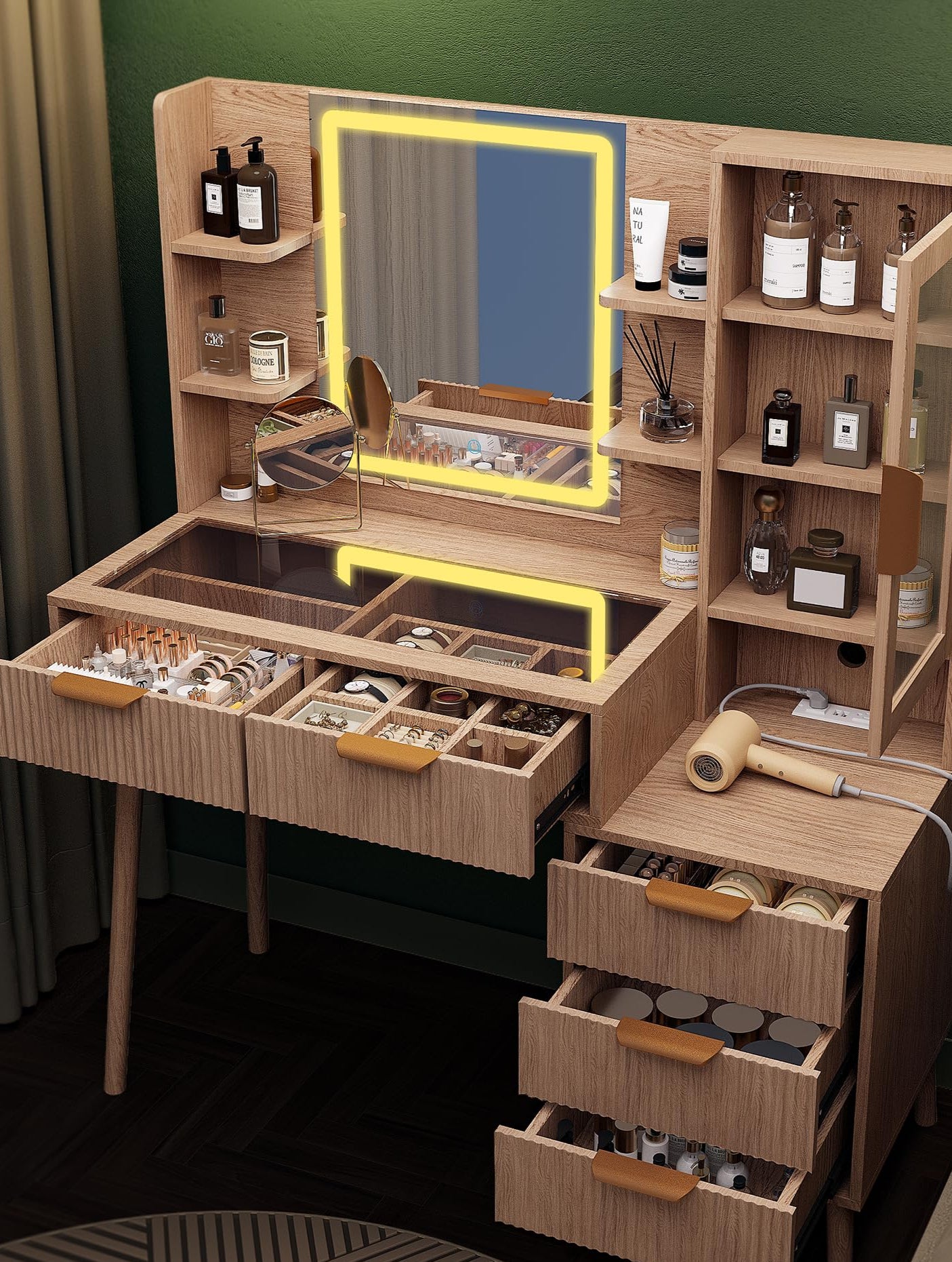 Makeup Vanity Desk with Mirror and Lights, 5 Drawers Glass Top Makeup