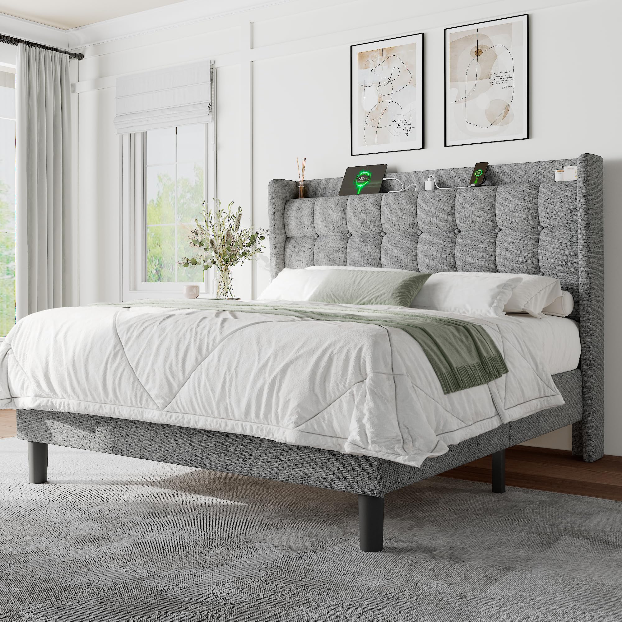 Queen Bed Frame with Charging Station, Upholstered Platform Bed