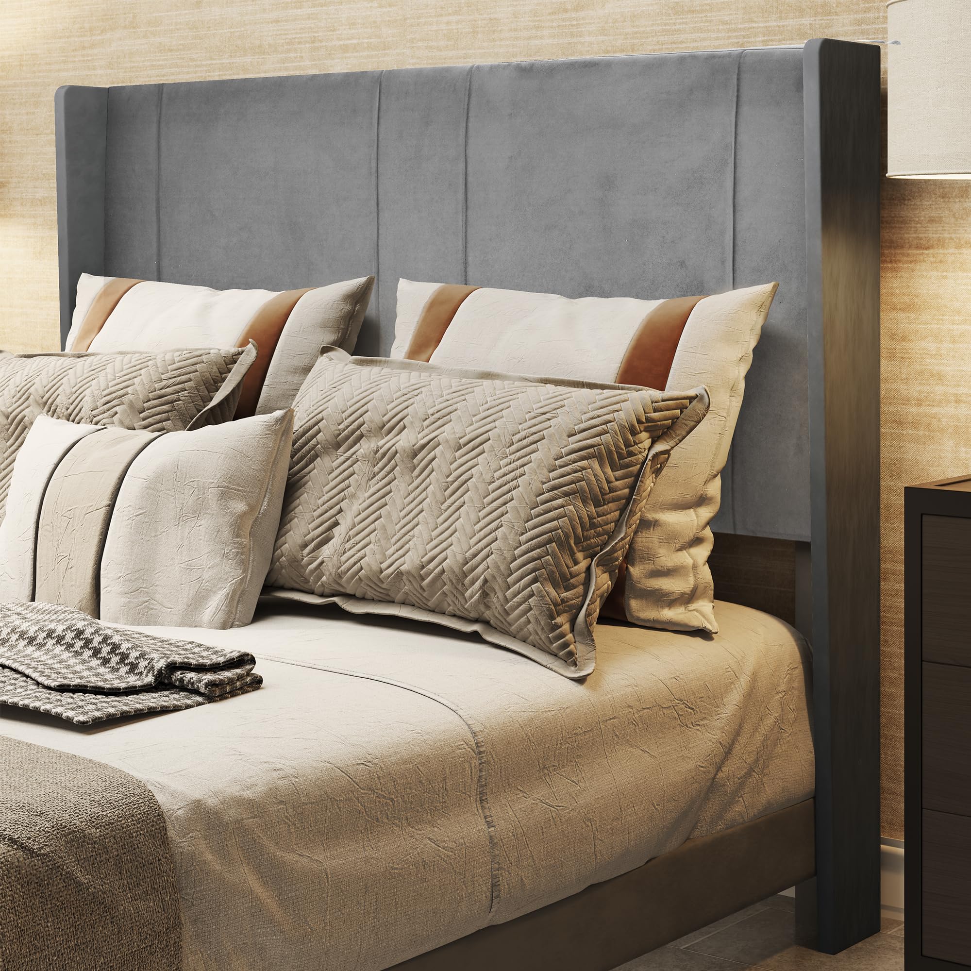 Queen Size Bed Frame, Upholstered Bed Frame with Grey Velvet Headboard