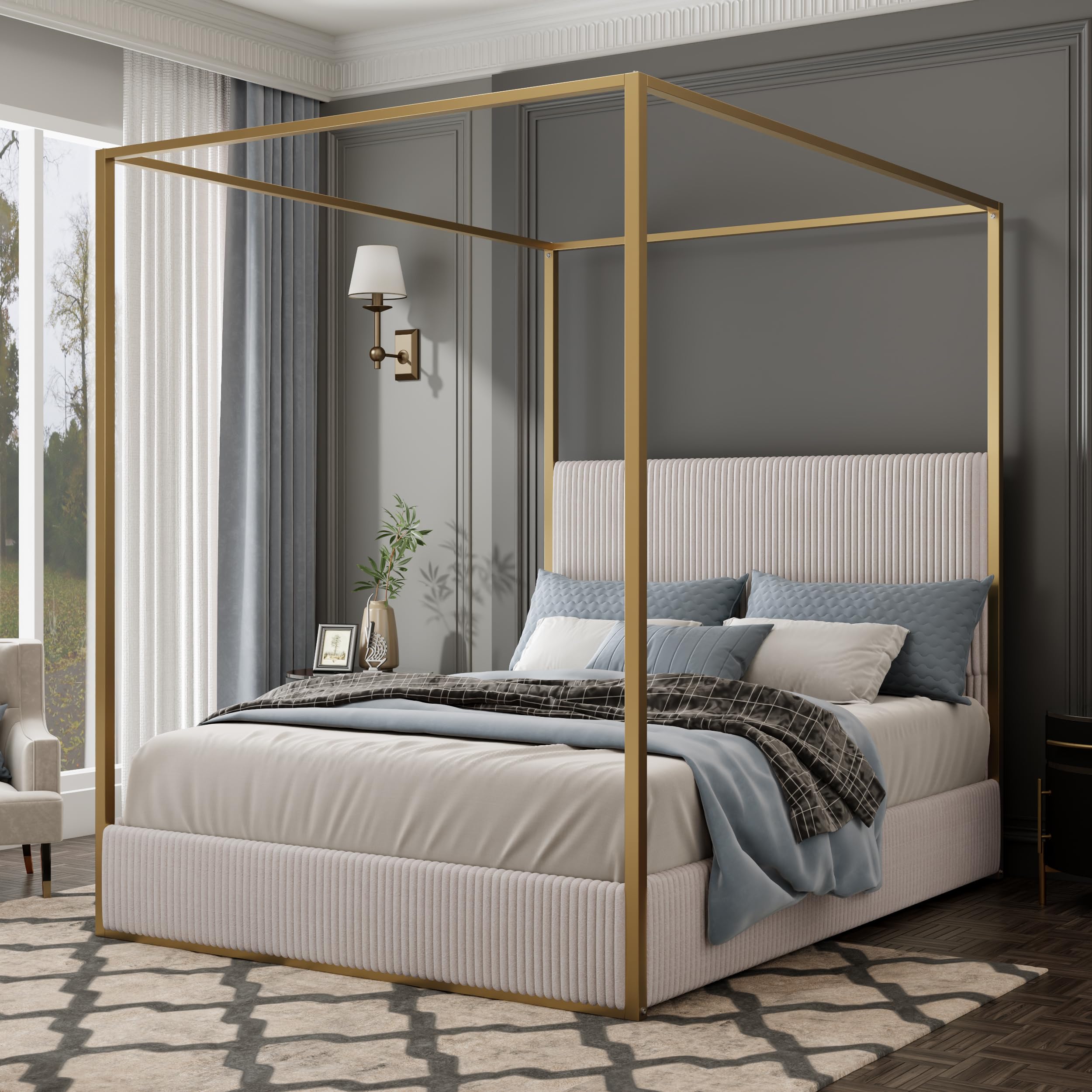 Merax Modern Luxury Queen Metal Canopy Bed with Tall Upholstered Headboard, Gold Four Poster Bed, No Box Spring Needed, Beige