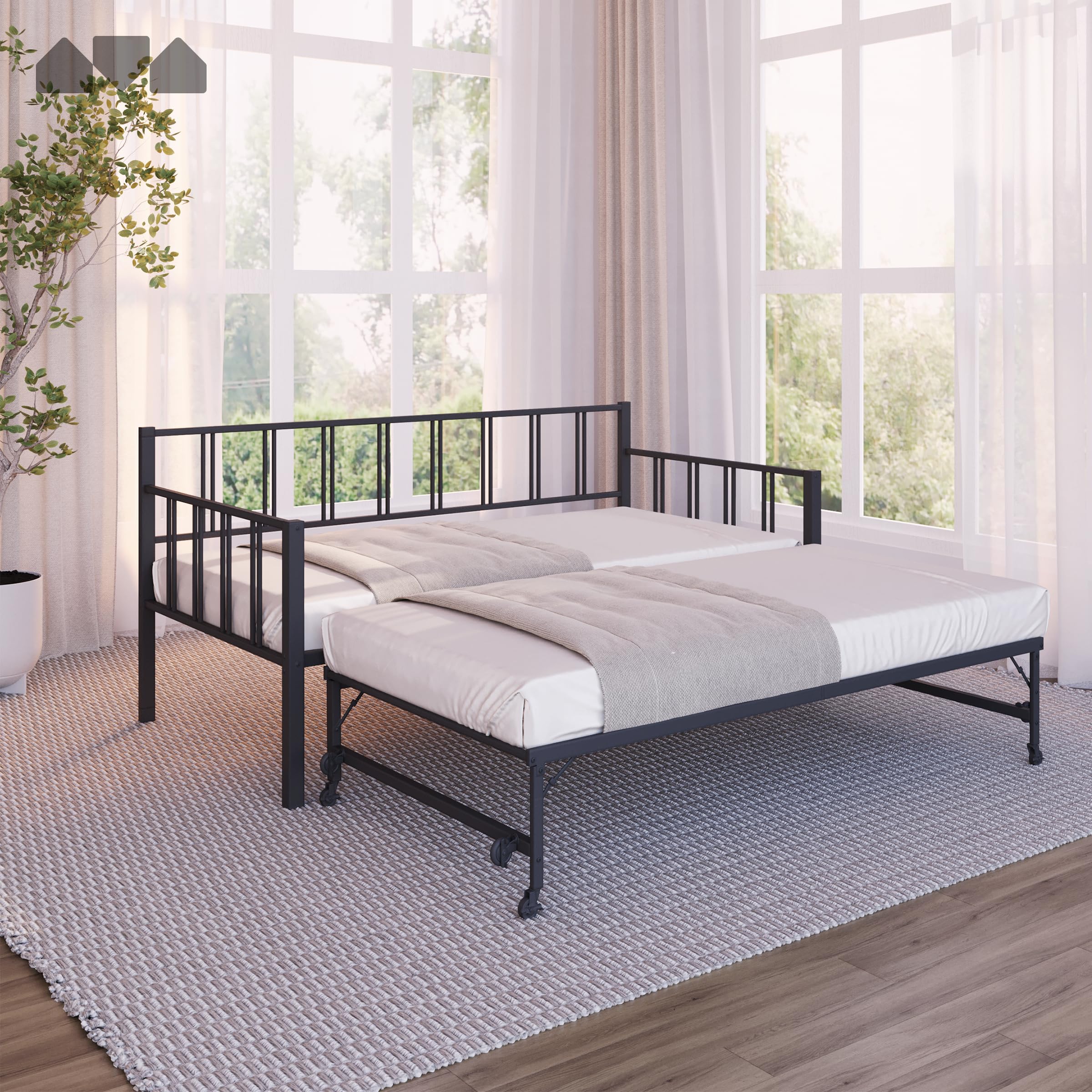 Daybed with Backrest and Pop-Up Trundle Set, Modern Black Frame