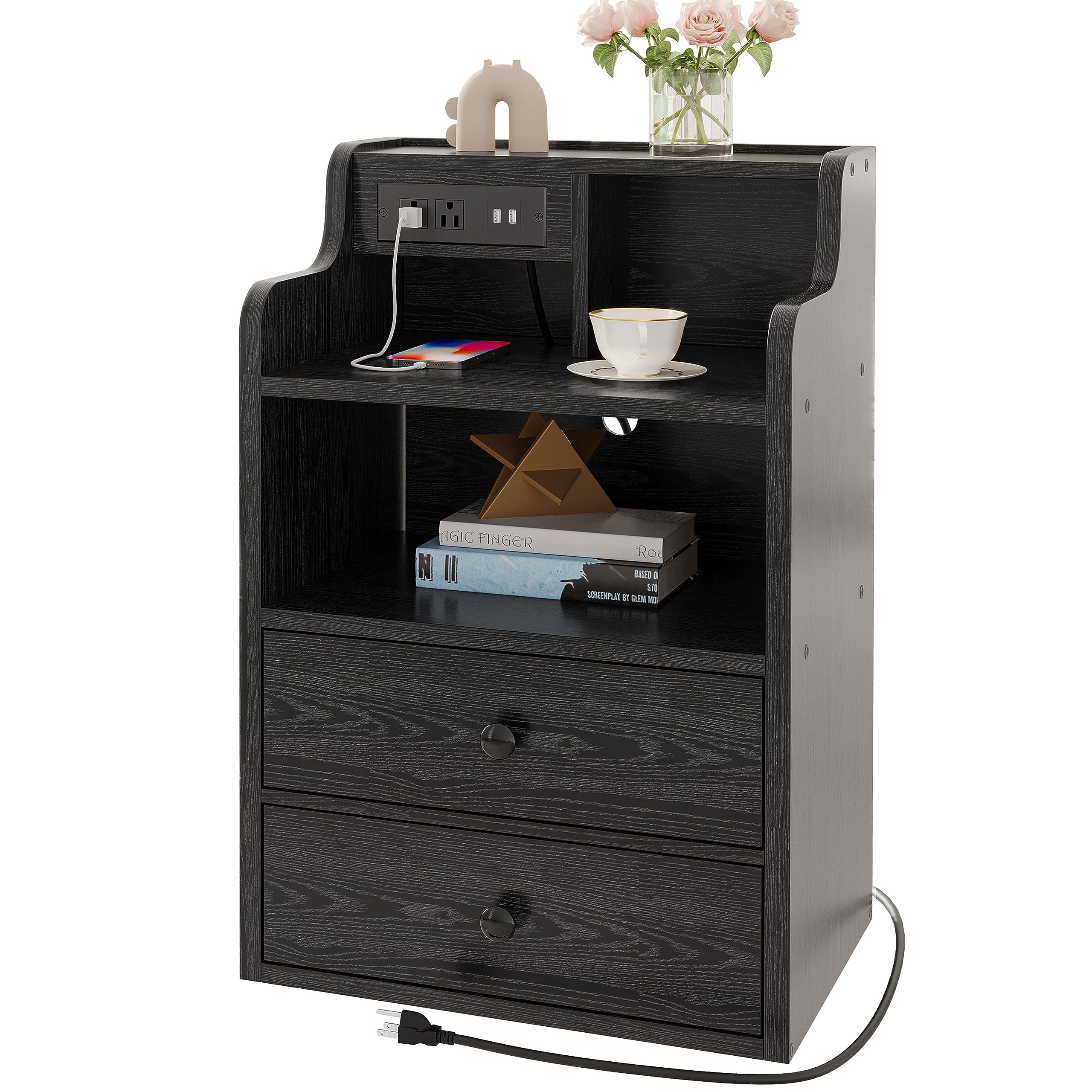 Black Nightstand with LED Charging Station 2 Drawers and Storage Shelves