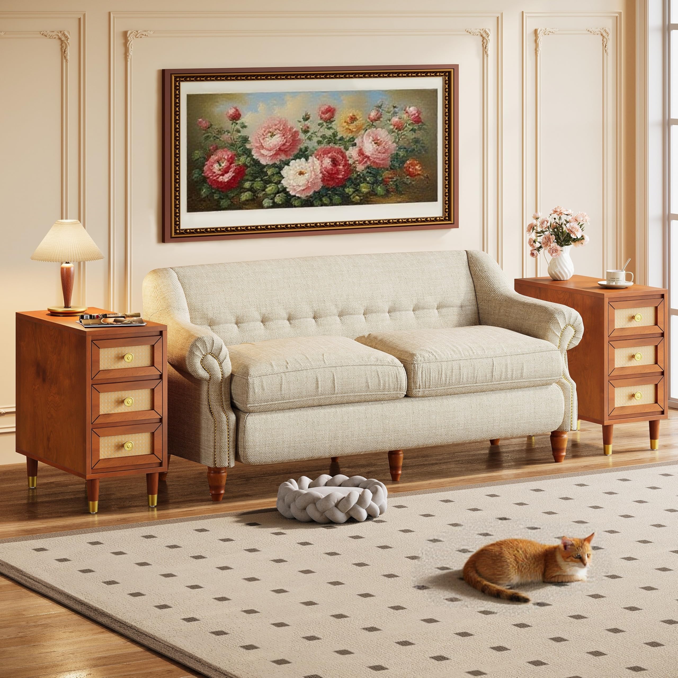 End Table Set of 2 with 3 Drawers, Solid Wood Sofa Side Tables with Rattan Front