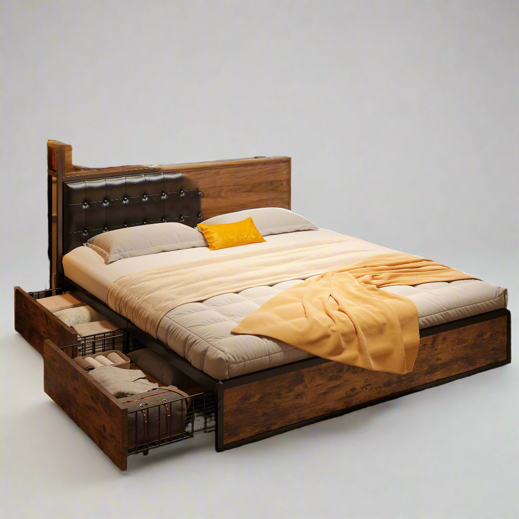 EnHomee Queen Bed Frame with 4 Storage Drawers