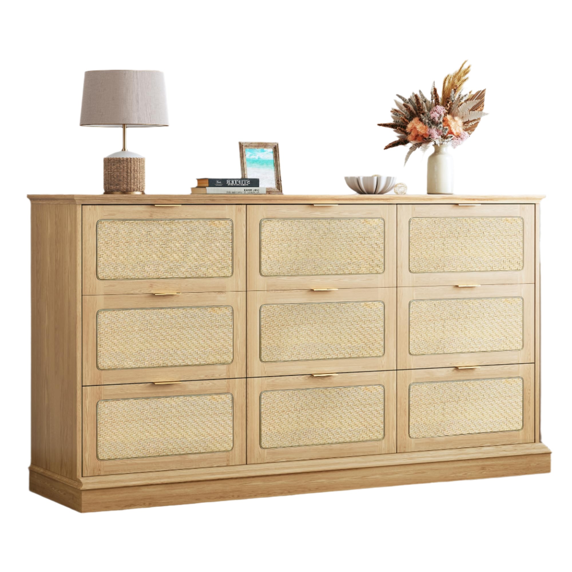 9 Drawer Dresser for Bedroom, 60 Inch Long Dressers & Rattan Chest of Drawers
