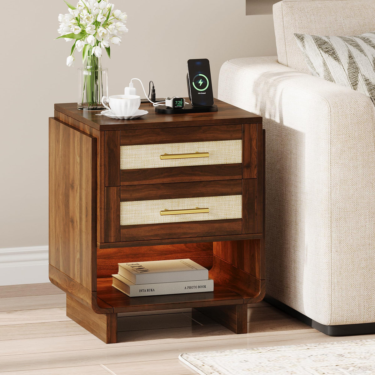 Farmhouse Nightstand with Charging Station & 2 Drawers