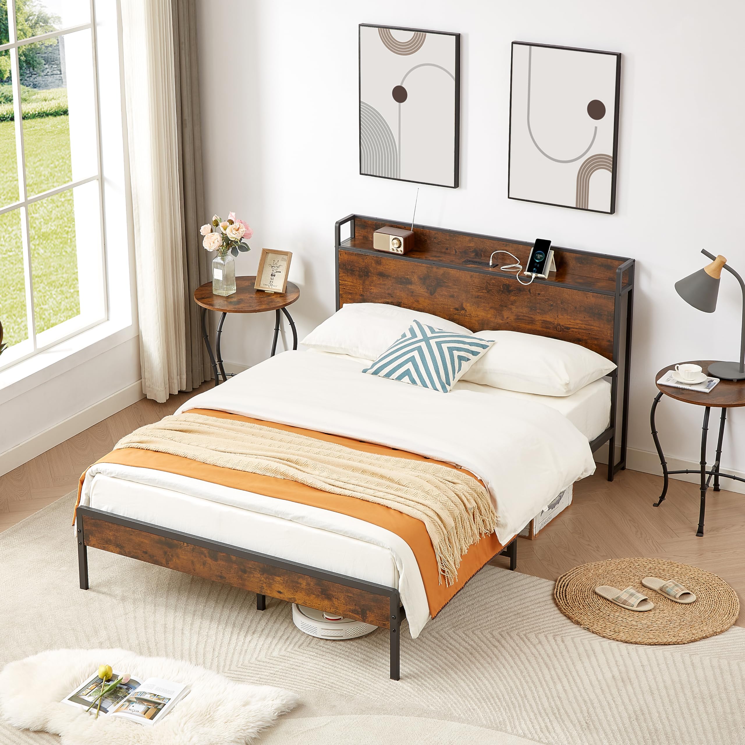 Size Bed Frame with Headboard, Full Bed Frame with Charging Station