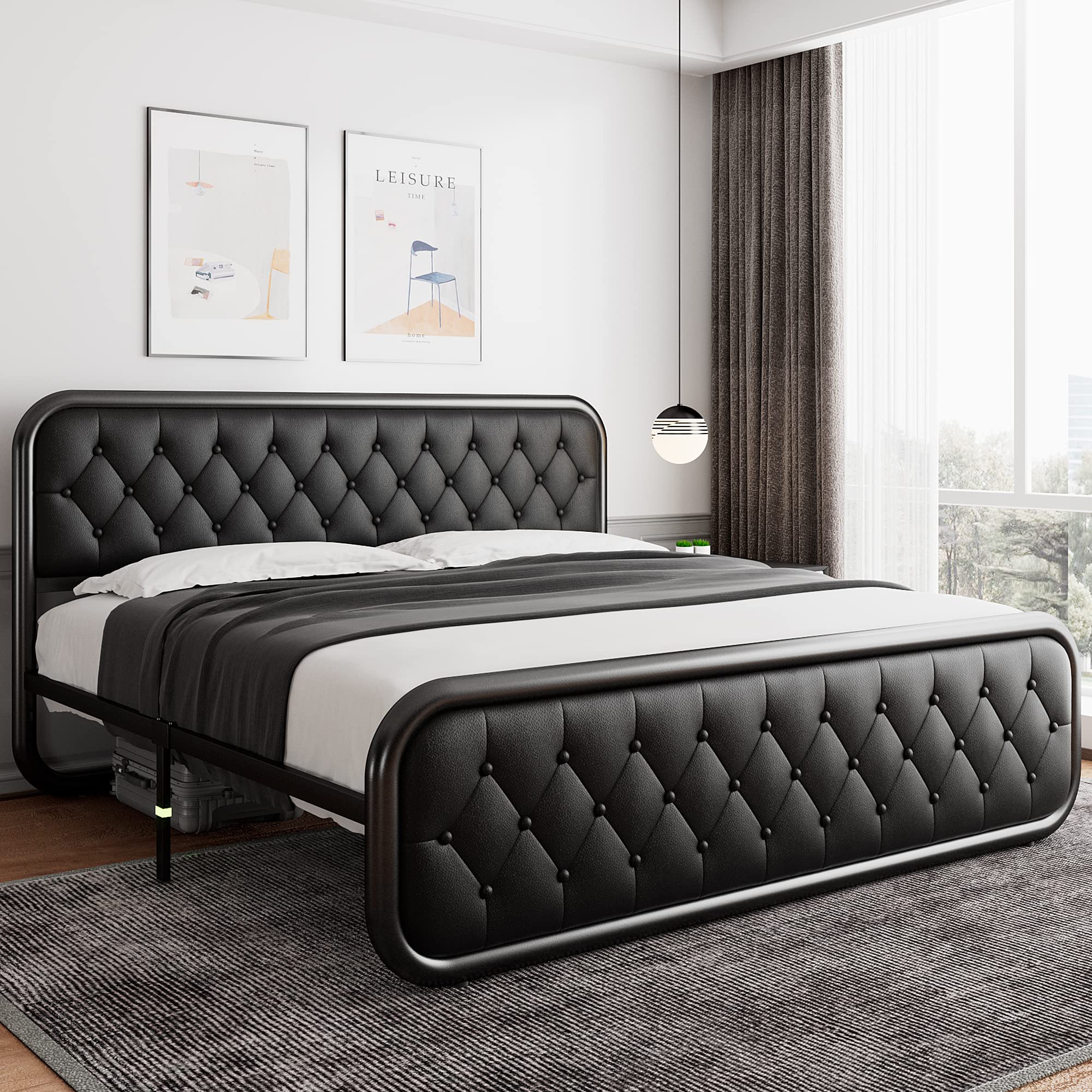 King Size Metal Bed Frame with Leather Headboard, Heavy-Duty Platform