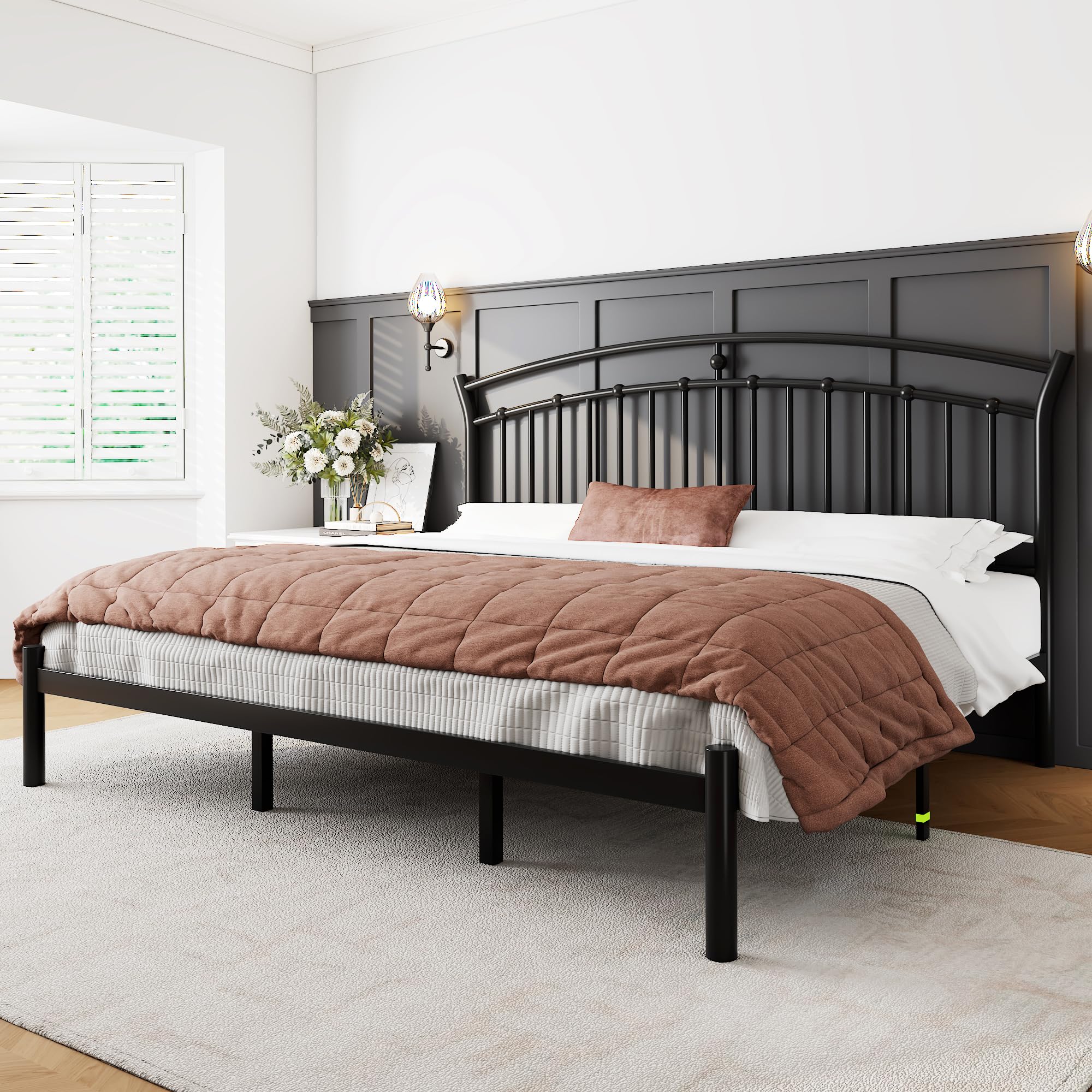 Size Bed Frame with Headboard, Heavy-Duty Metal Black Bed