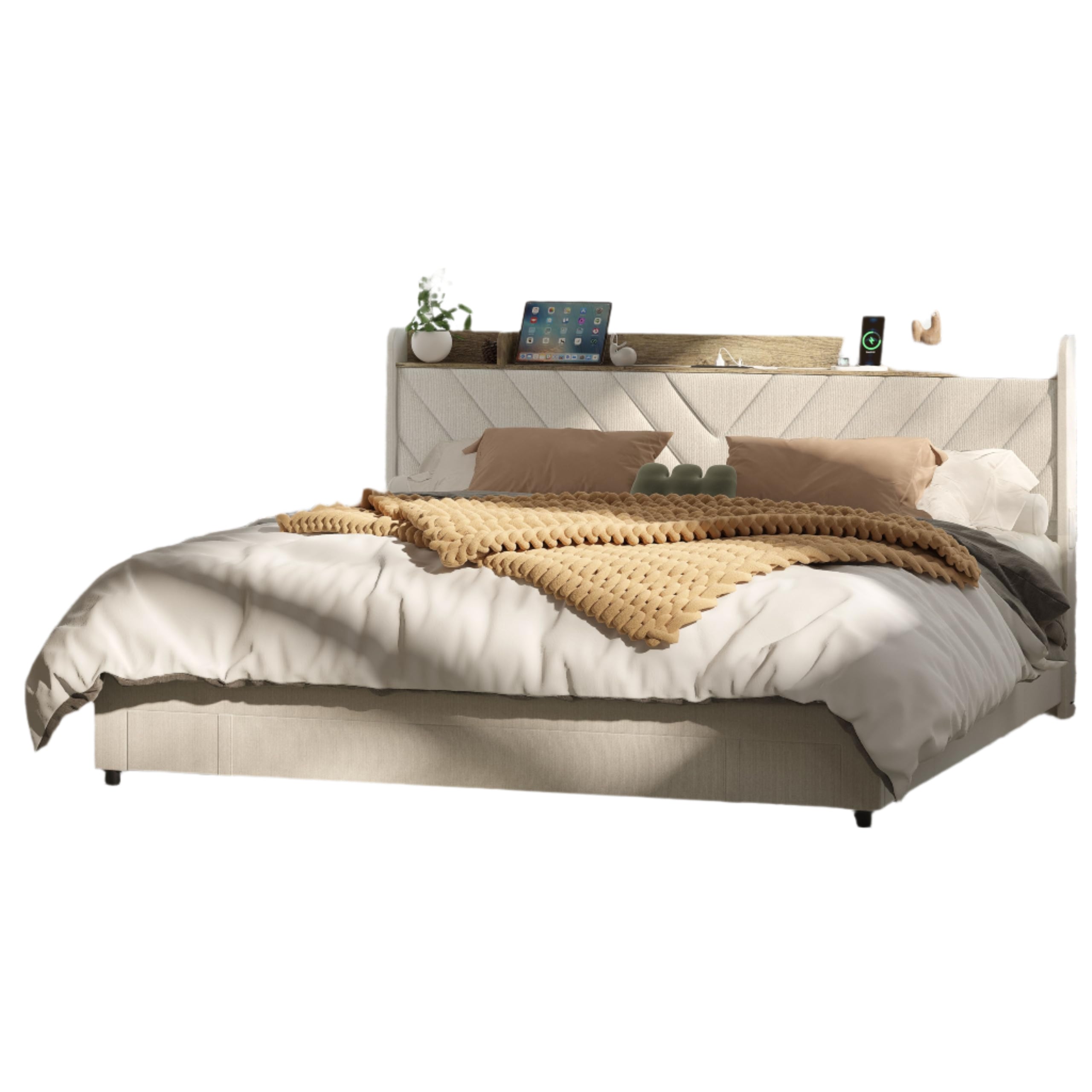 Bed Frame Queen Size with Headboard, Upholstered Platform Bedframe