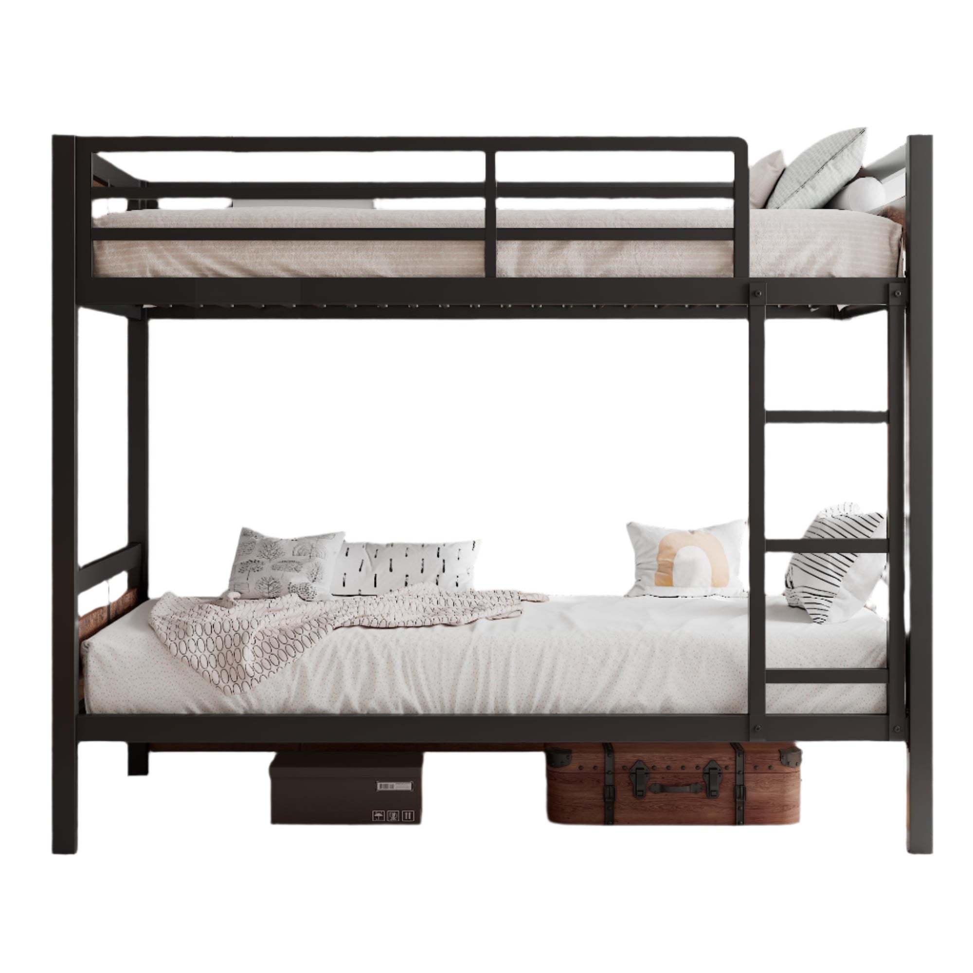 Twin Over Twin, Heavy Duty Metal Bed with Ladder and Full-Length Guardrail