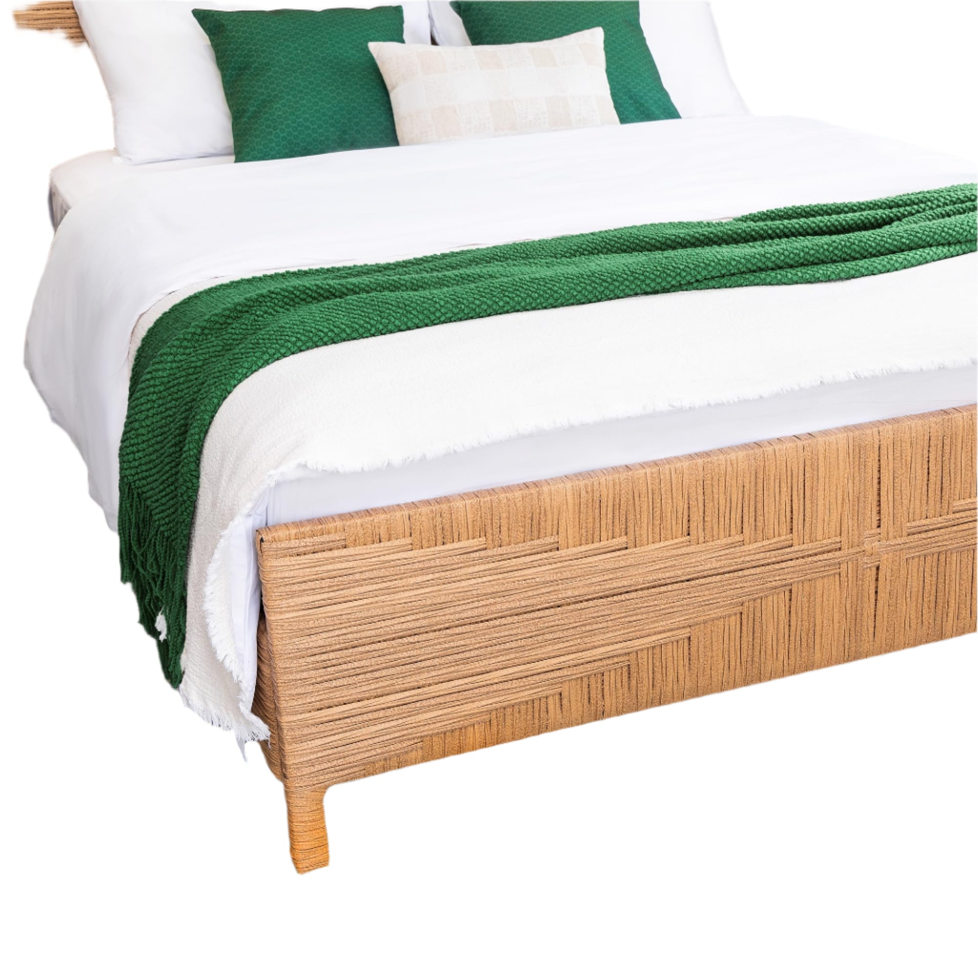 Rattan Boho Full Bed Frame with Headboard and Footboard, Hand-Woven