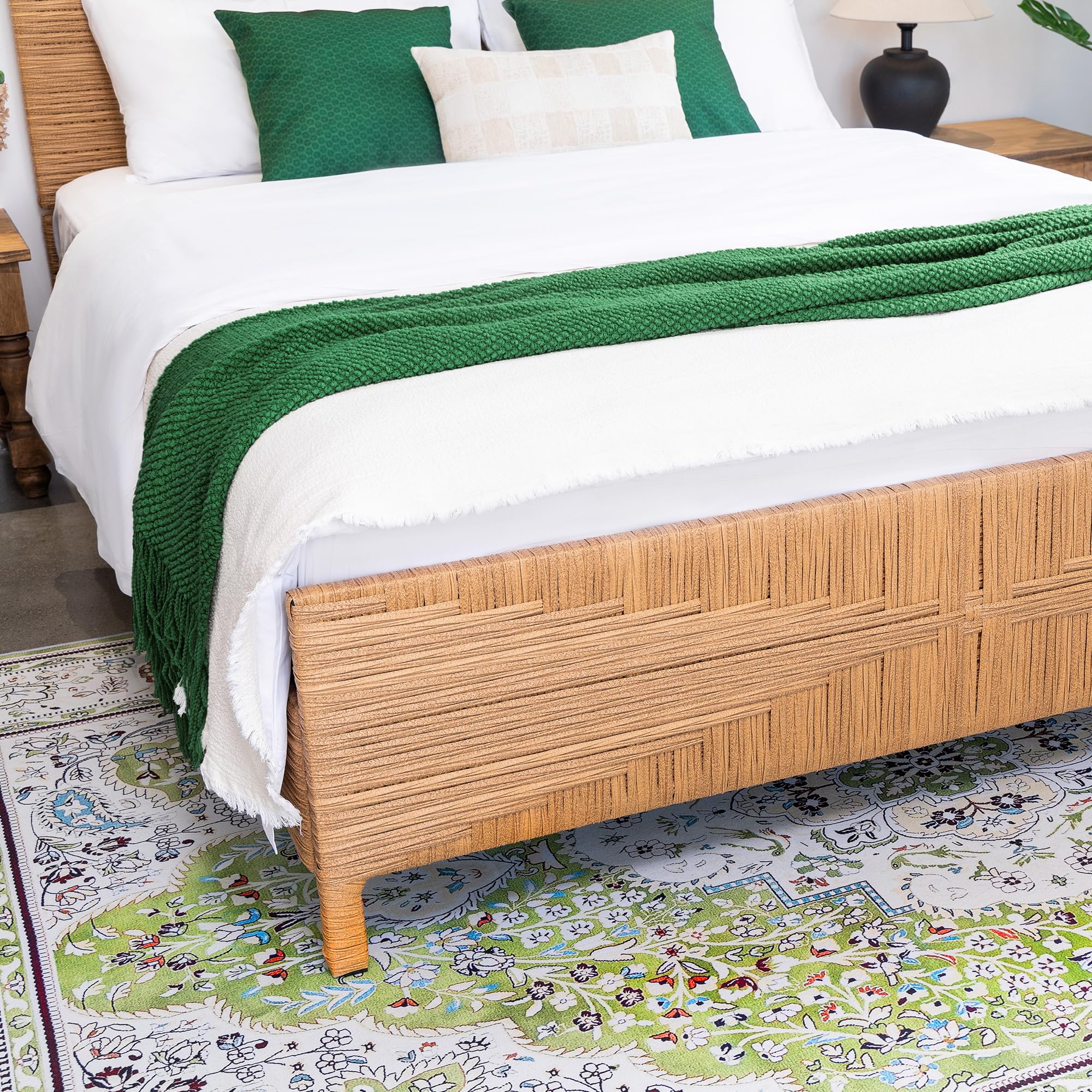 Boho Queen Bed Frame with Headboard and Footboard, Hand-woven