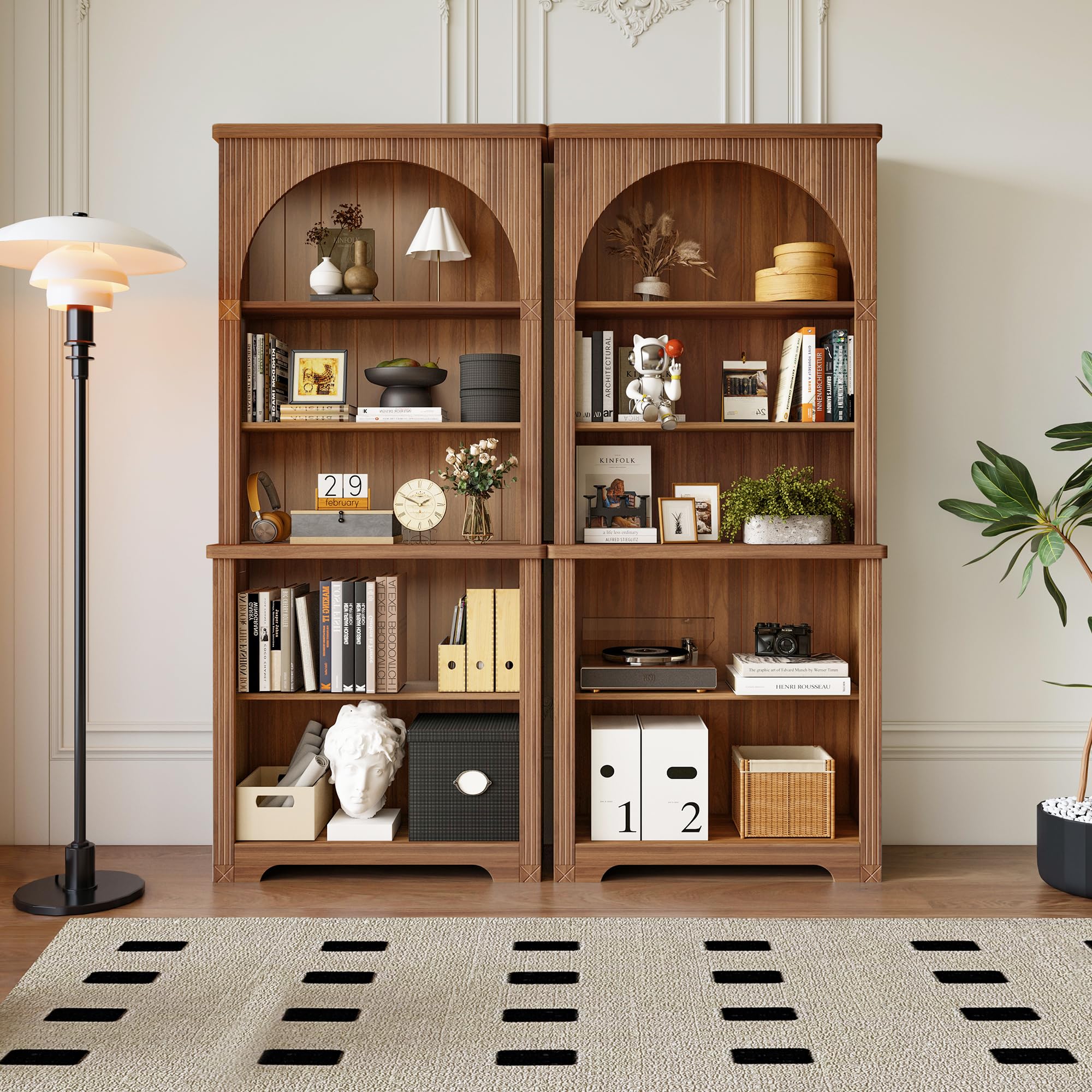 71" Arched Fluted Bookshelf, 5-Tier Tall Bookcase with Adjustable Shelves