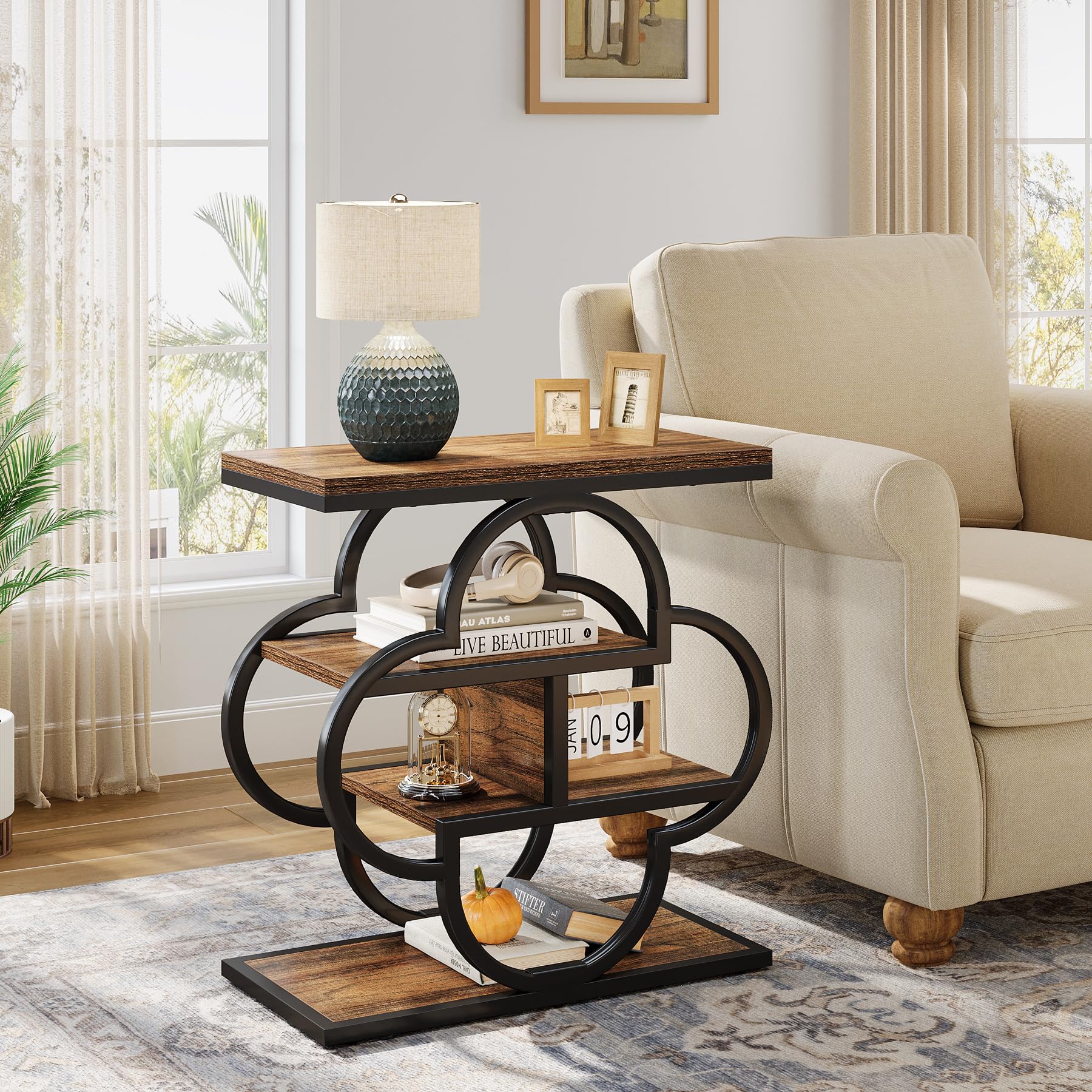 Narrow Side Table, 4-Tier Small Wooden End Table with Curved Metal Frame