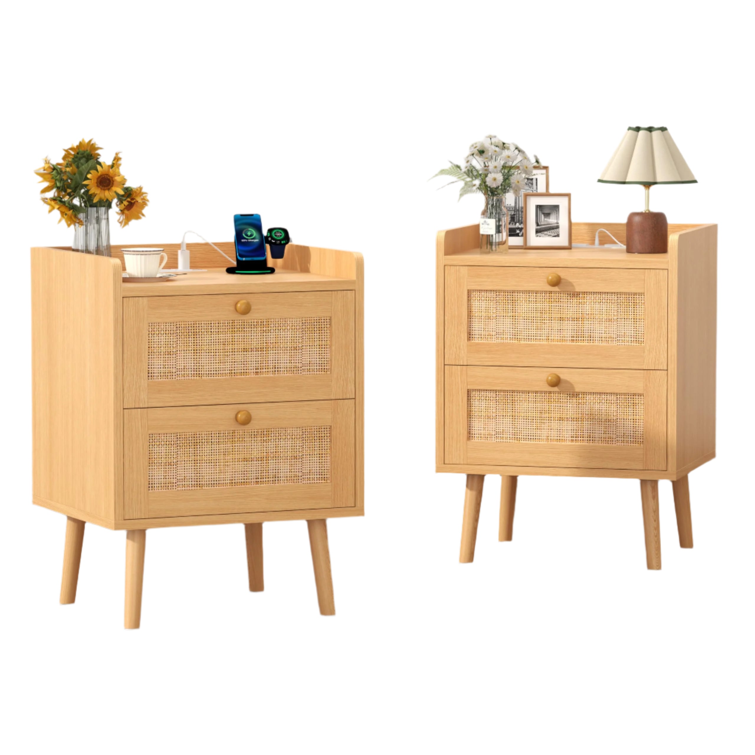 Night Stand Set 2, Nightstand with Charging Station, Wooden Rattan Bed Side Table