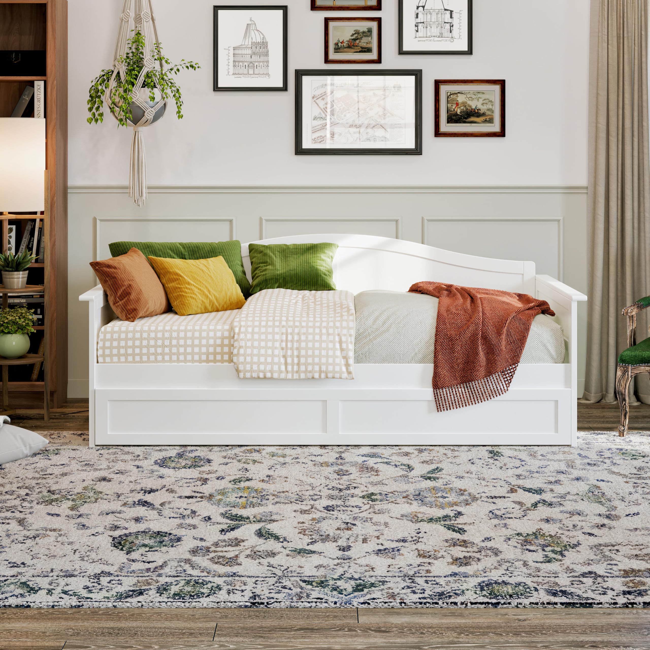 Twin Size Wood Daybed Frame with Twin Trundle, White