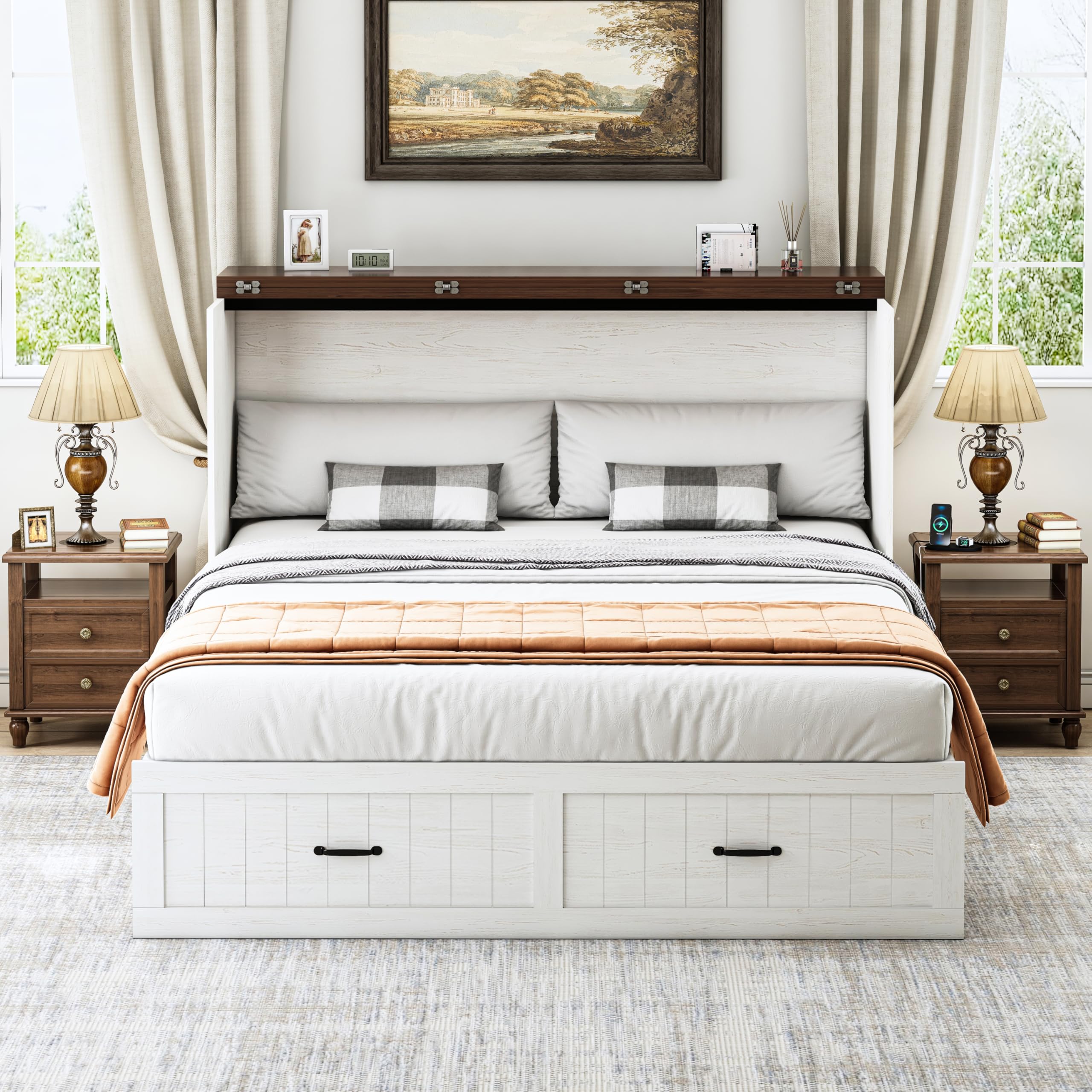 Full Murphy Bed with Storage & Charging Station, Farmhouse Murphy Cabinet Bed