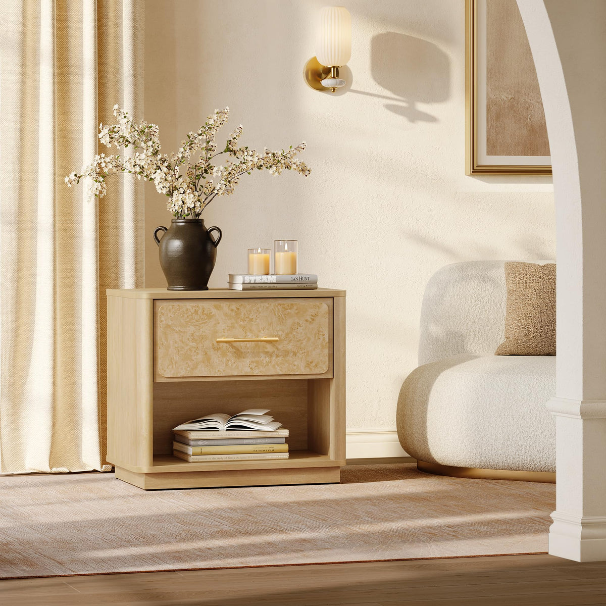 Nightstand Set of 2 with Drawer & Rounded Corners