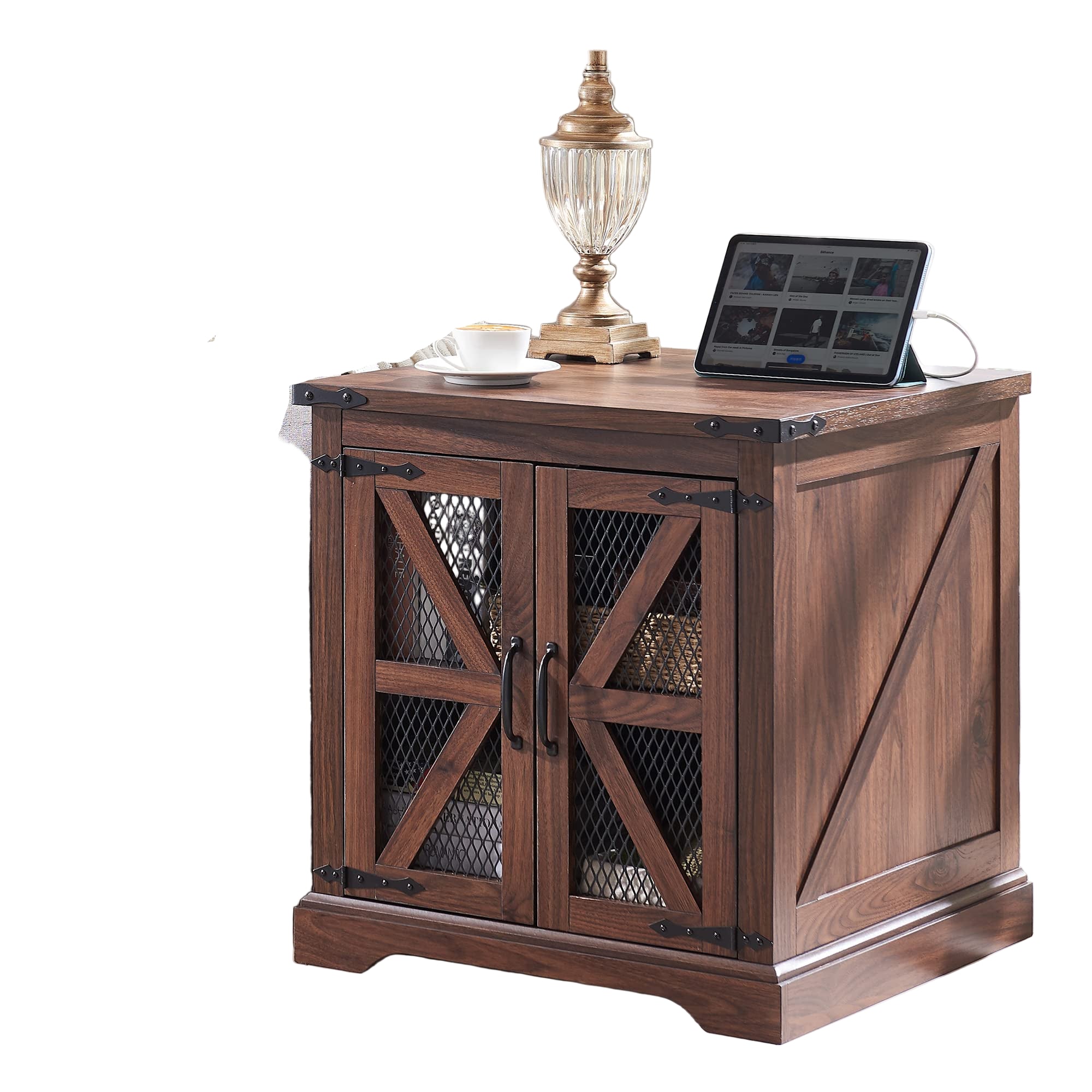 Farmhouse End Table, 24" Large Sofa Side Table with Charging Station