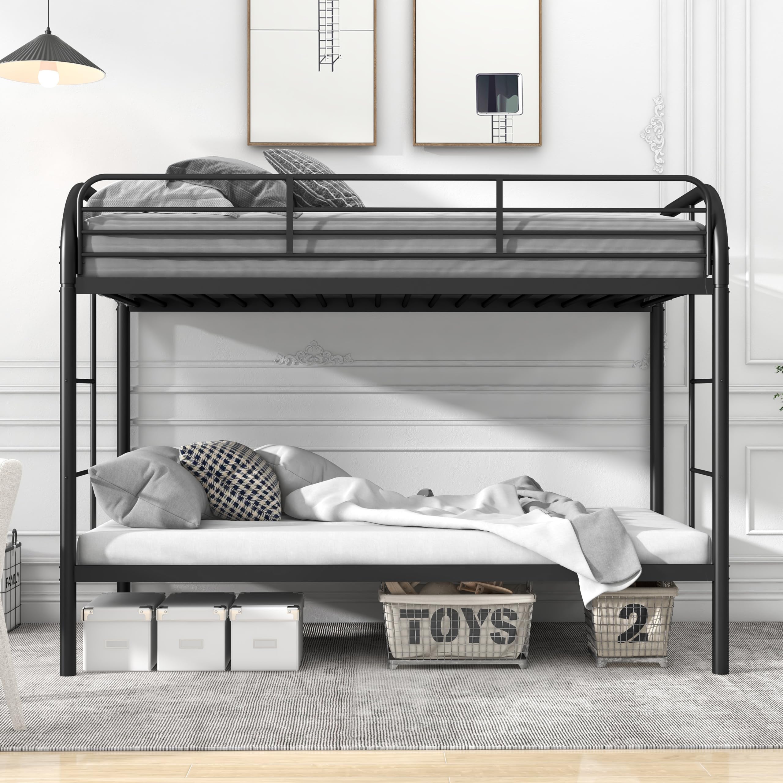 Bunk Bed Twin Over Twin Size, Bunk Beds with Side Ladders & Safety Guard Rail