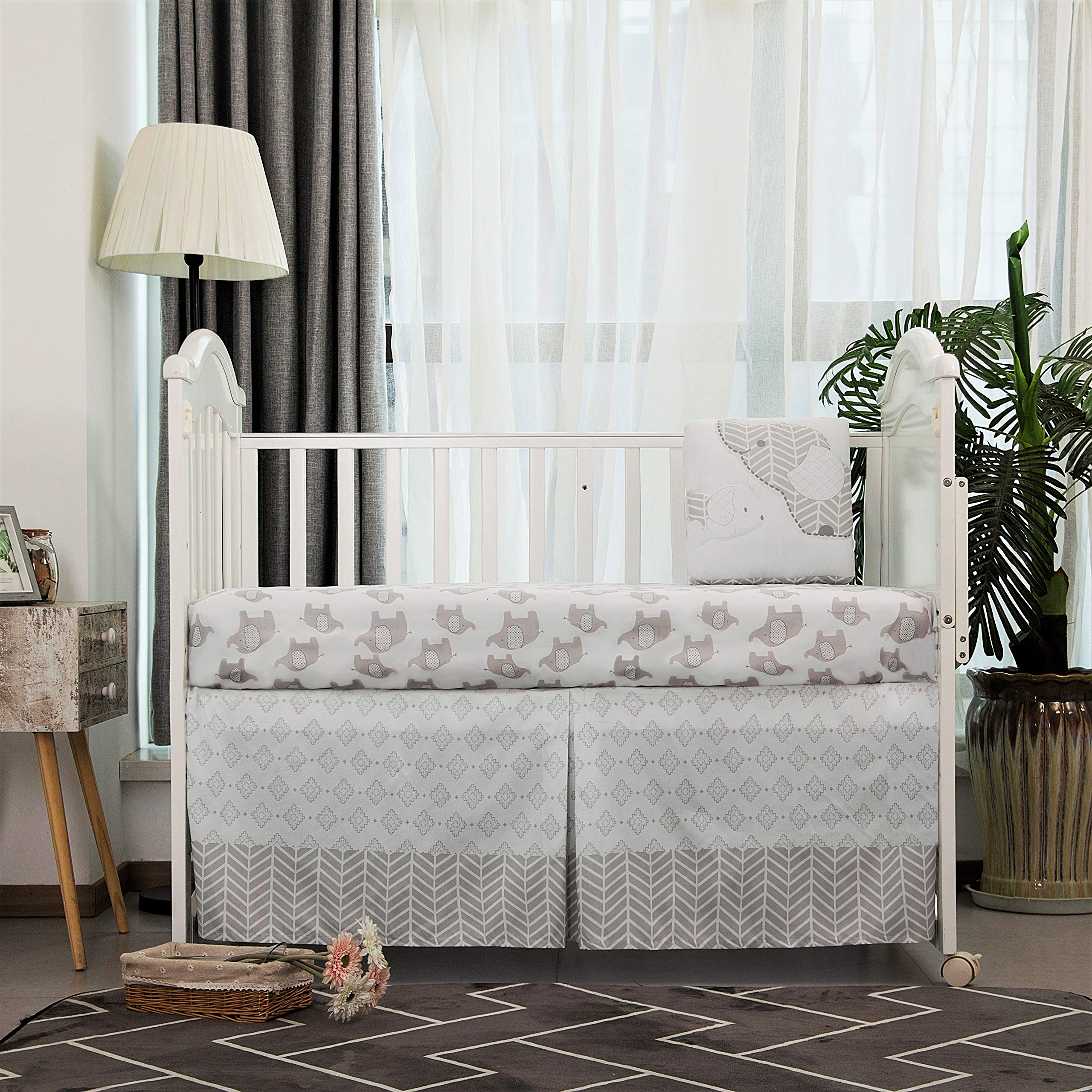 Crib Bedding Set for Boys, Gray Elephants & Puppy 3 Piece Standard Size