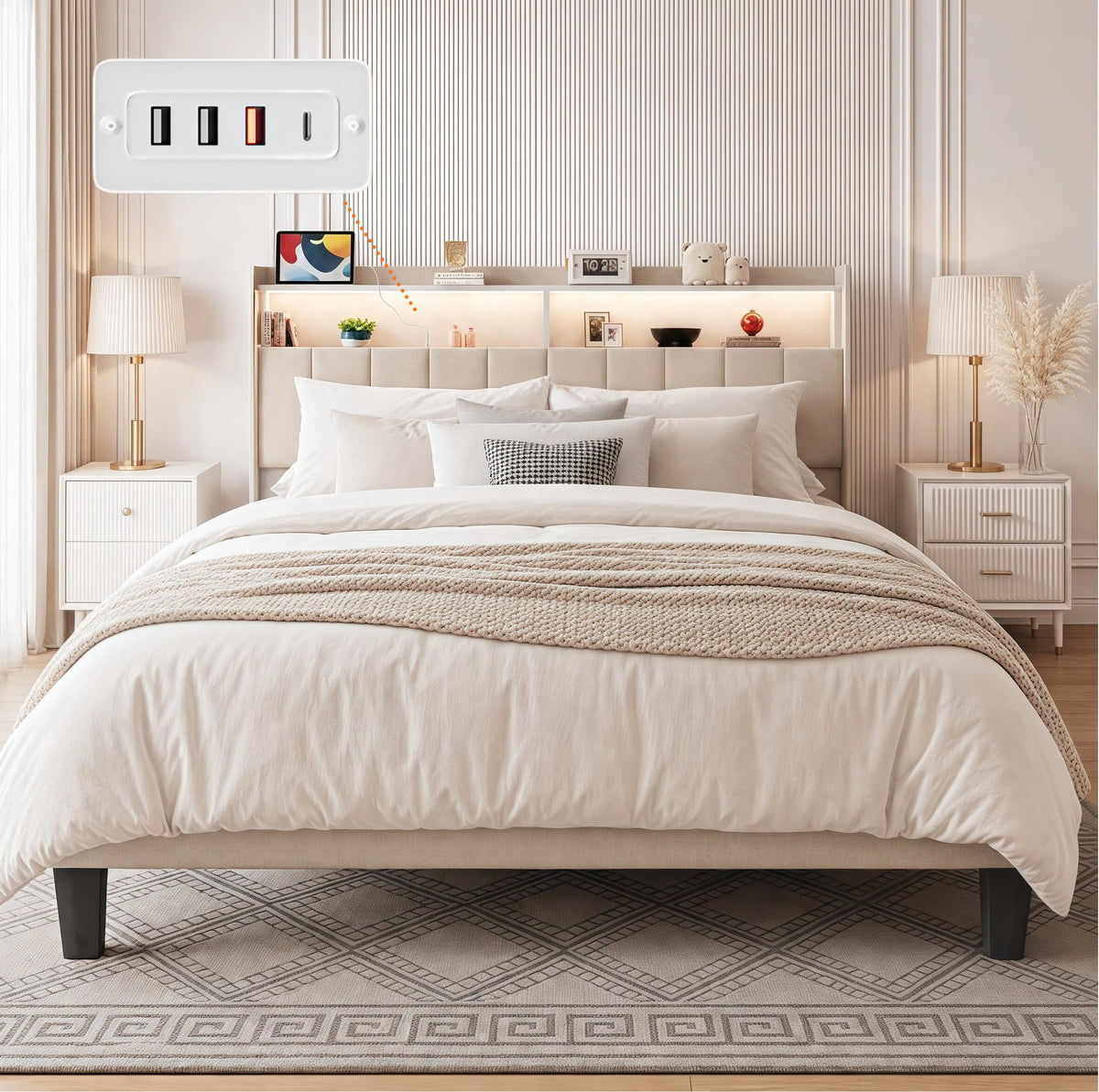 Queen Platform Bed Frame with LED Lights & Charging Station