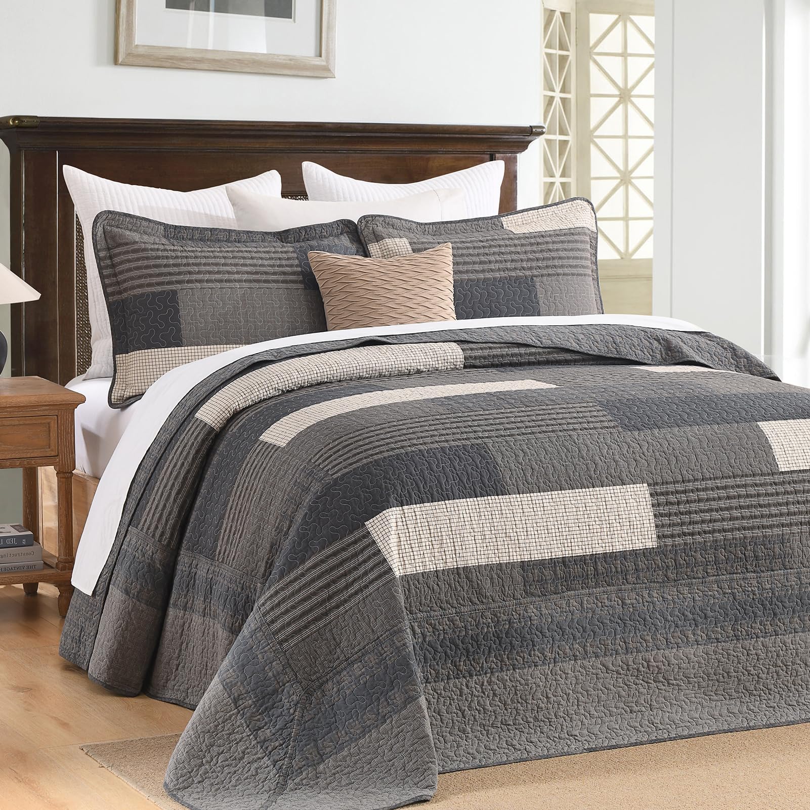 100% Cotton 128"x120" Oversized Quilt Bedspread, Plaid Pattern California King Extra