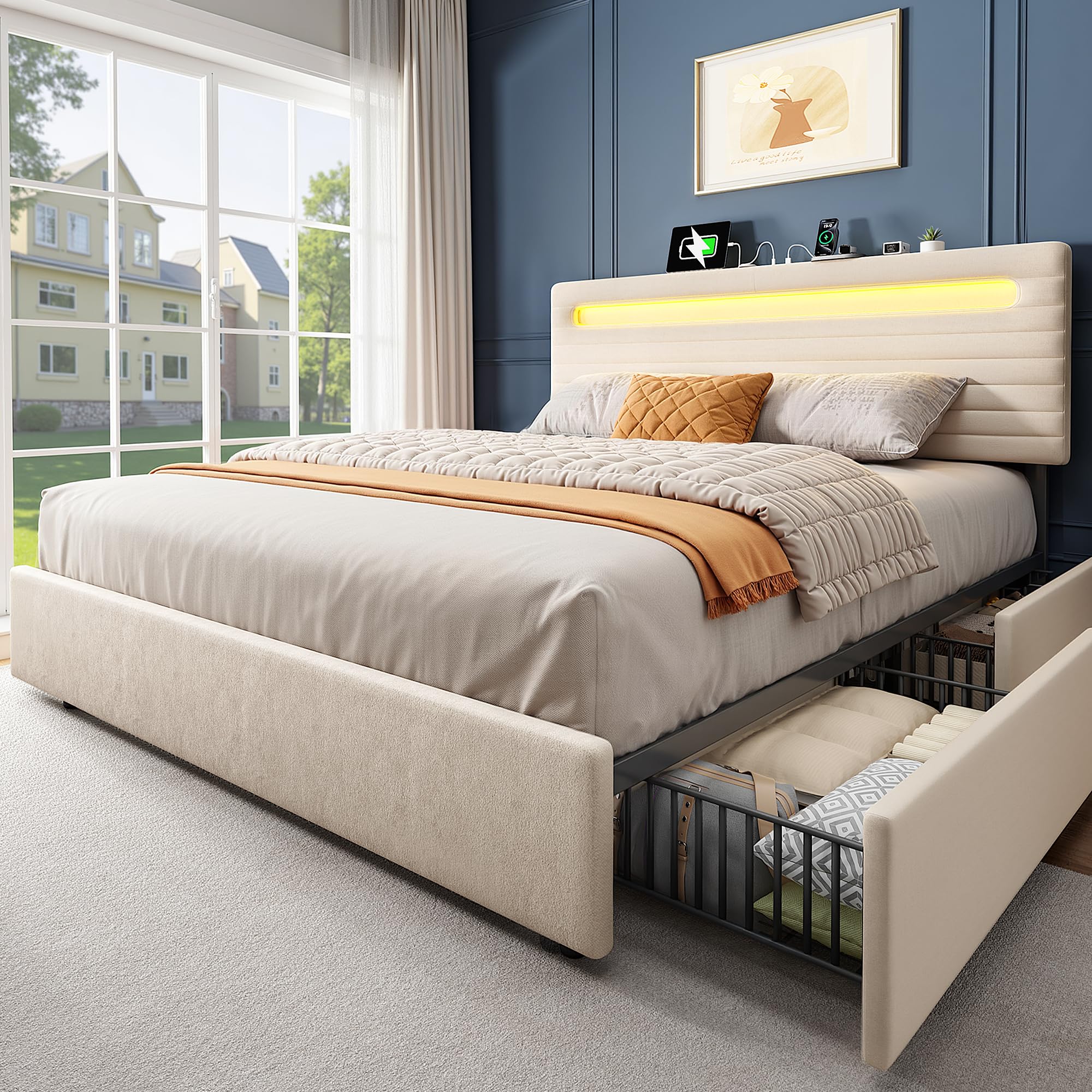 Chenille Upholstered Queen Bed Frame with 4 Storage Drawers, Platform Bed Frame