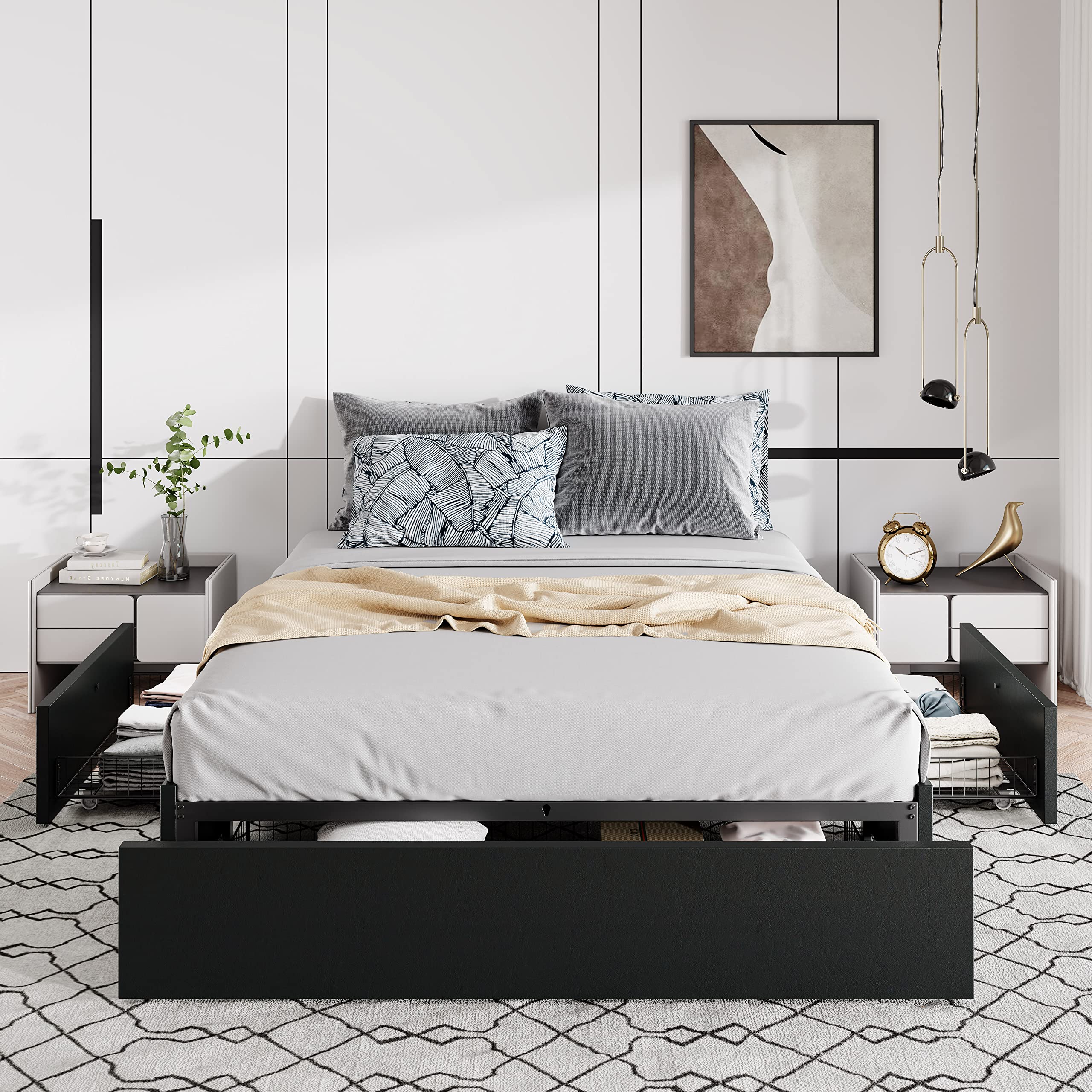 Queen Size Platform Bed Frame with 3 Storage Drawers