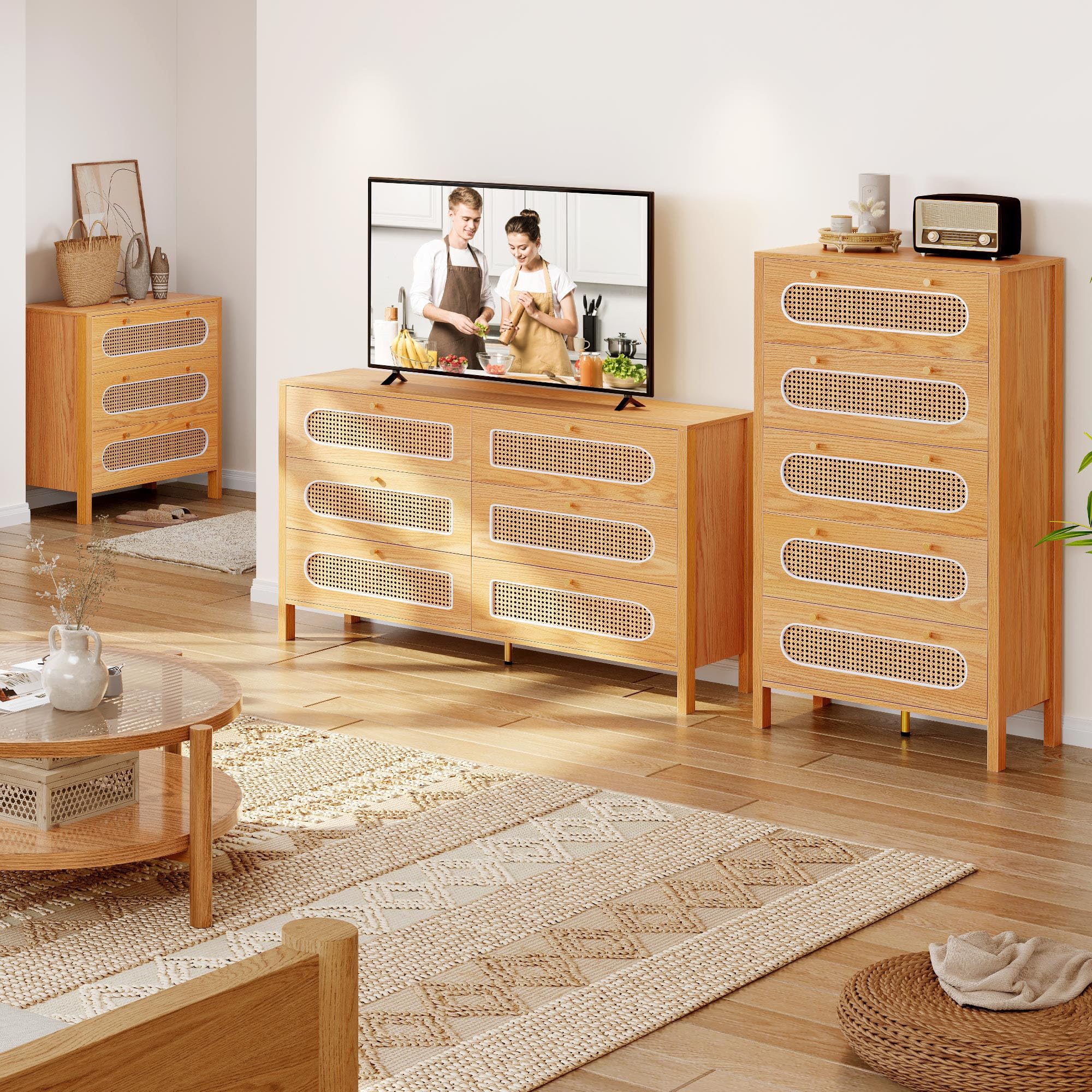 47" Tall Natural Rattan 5 Drawer Dresser, Boho Dresser Chest of Drawers