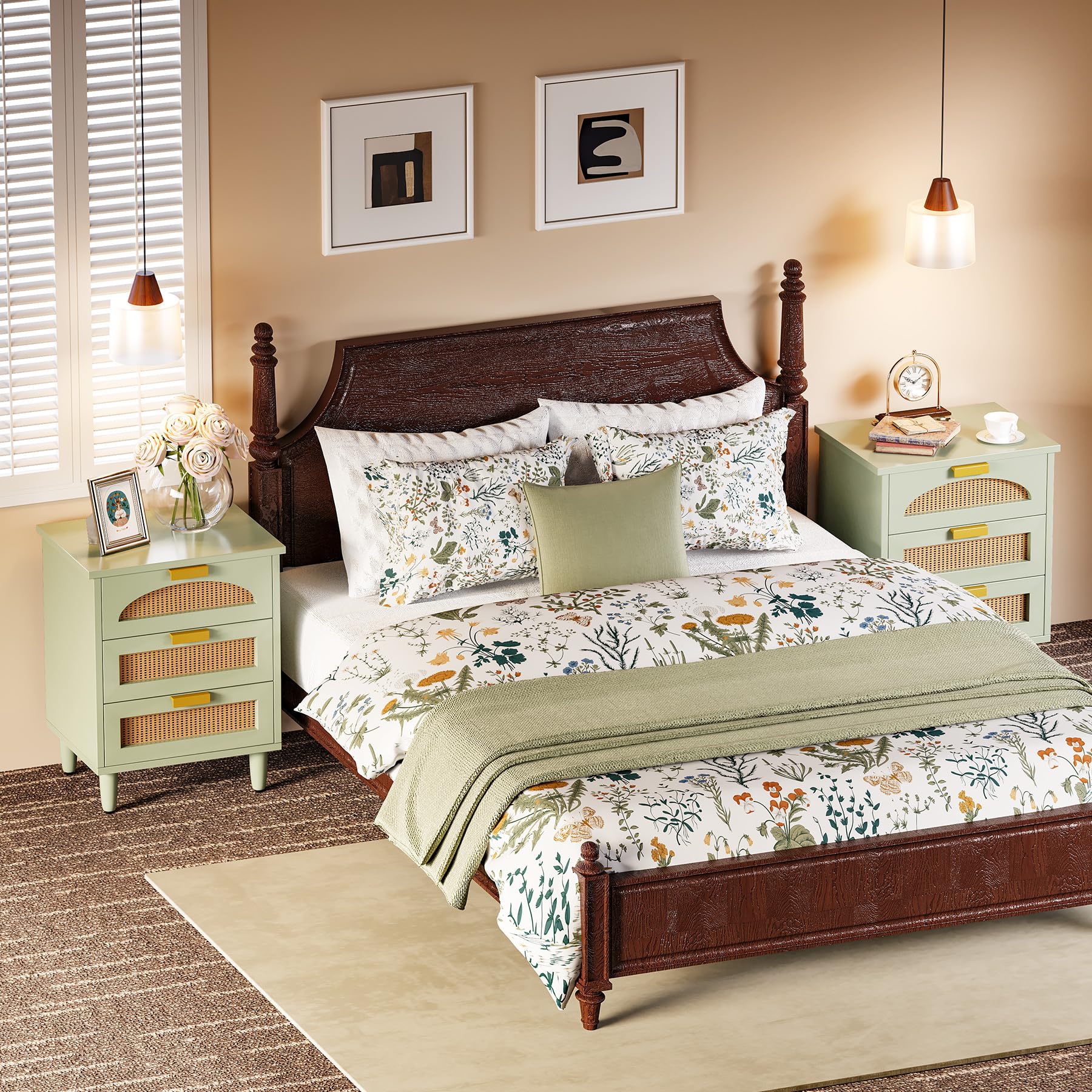Rattan Nightstand Set of 2, Mint Green End Table with 3 Drawers for Couch