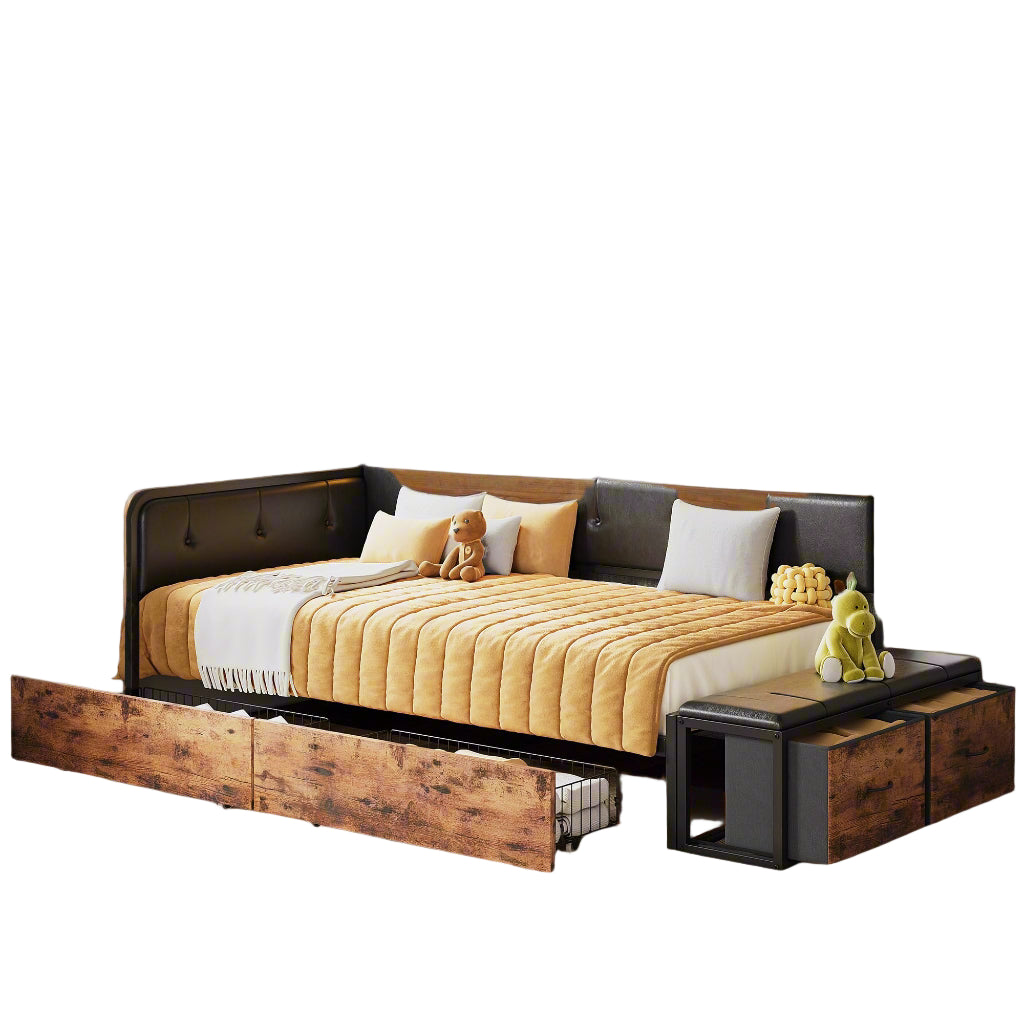 Corner Bed Frame, Twin Daybed with 2 Drawers & Charging Station
